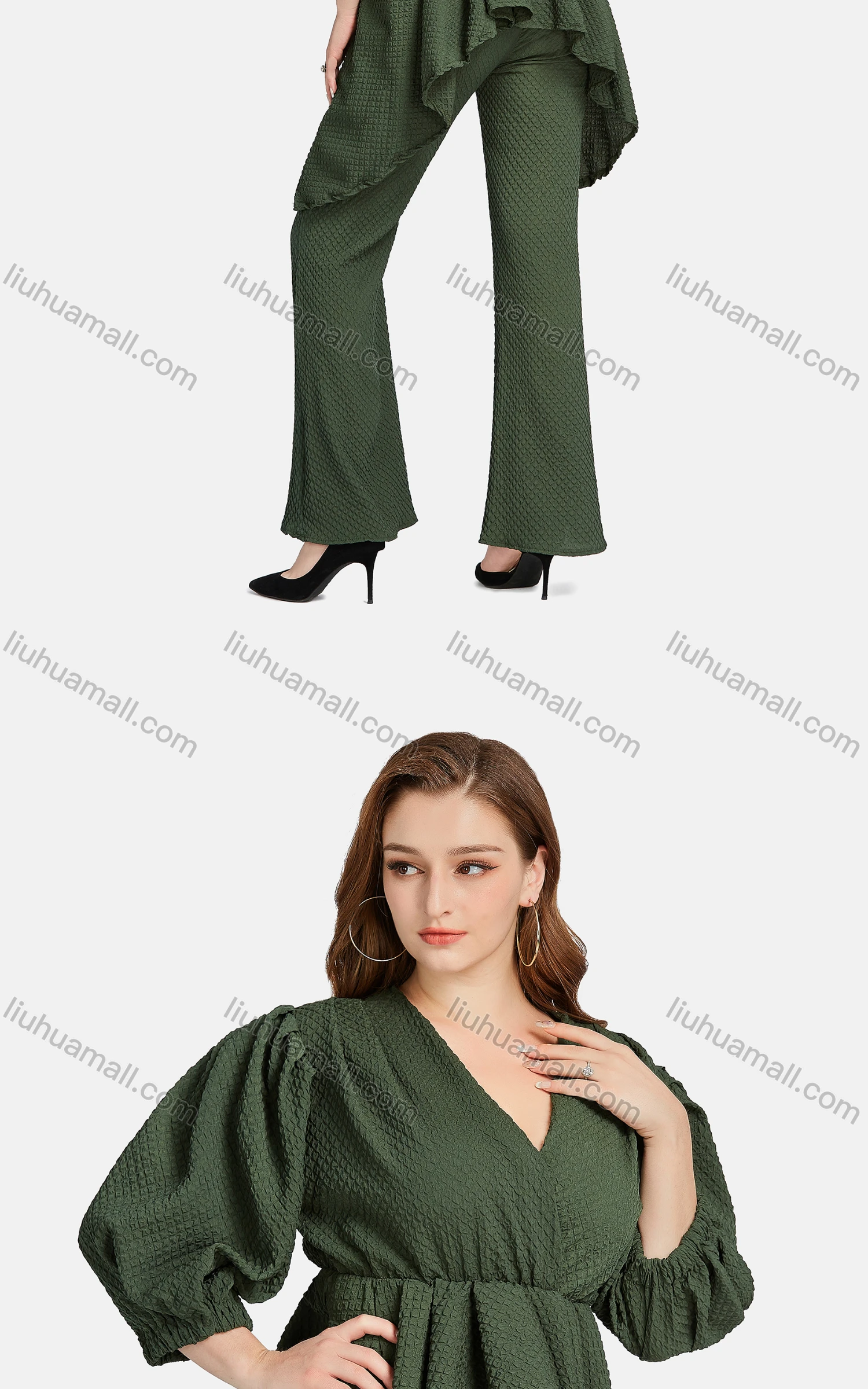 Wholesale Women's Fashion V Neck 3/4 Sleeve Wrap Peplum Ruffle Hem Blouse 2-piece Set - Liuhuamall