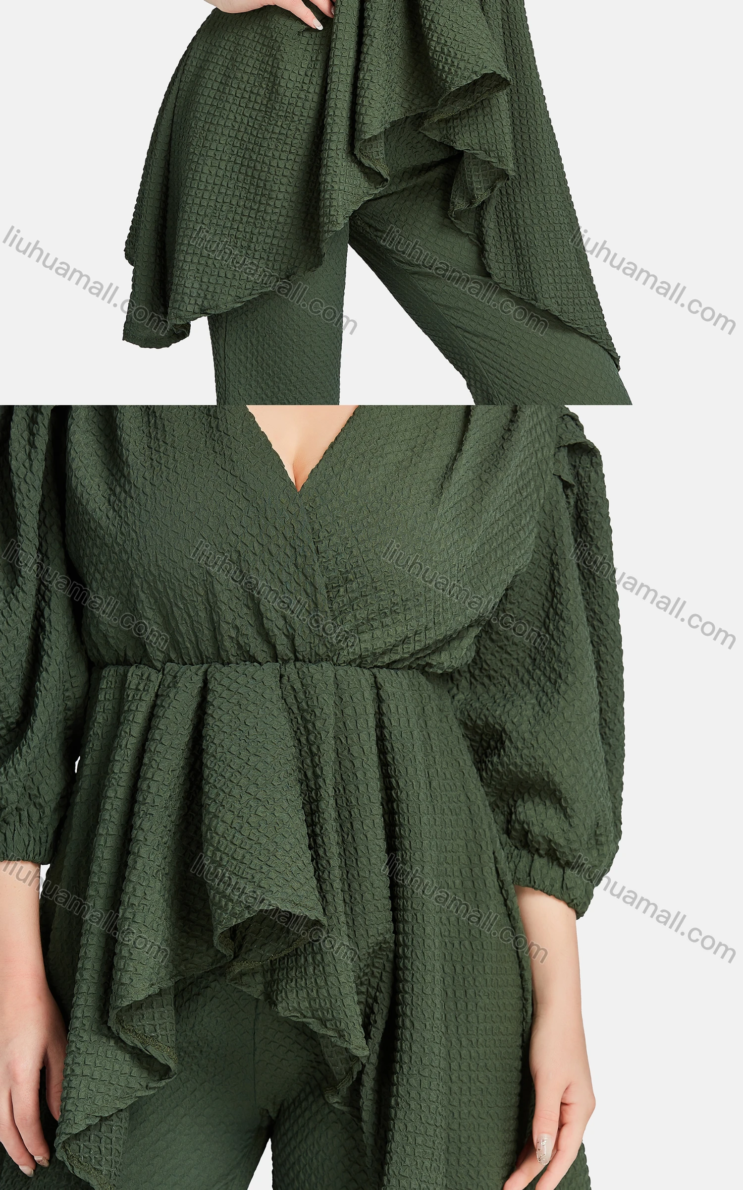 Wholesale Women's Fashion V Neck 3/4 Sleeve Wrap Peplum Ruffle Hem Blouse 2-piece Set - Liuhuamall
