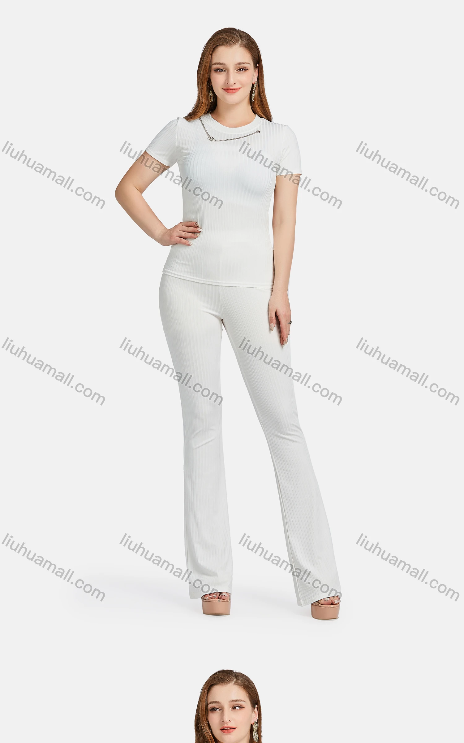 Wholesale Women's Casual Crew Neck Short Sleeve Chain Decor Ribbed Blouse 2-piece Set - Liuhuamall
