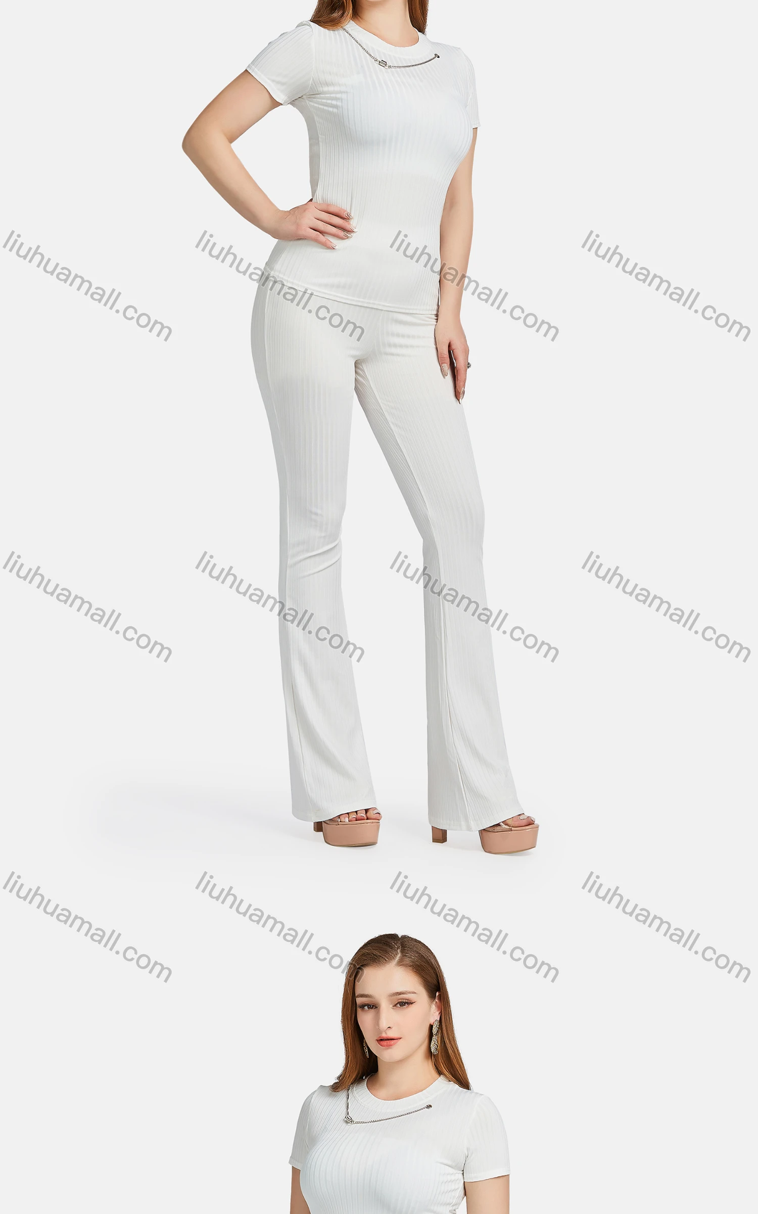 Wholesale Women's Casual Crew Neck Short Sleeve Chain Decor Ribbed Blouse 2-piece Set - Liuhuamall