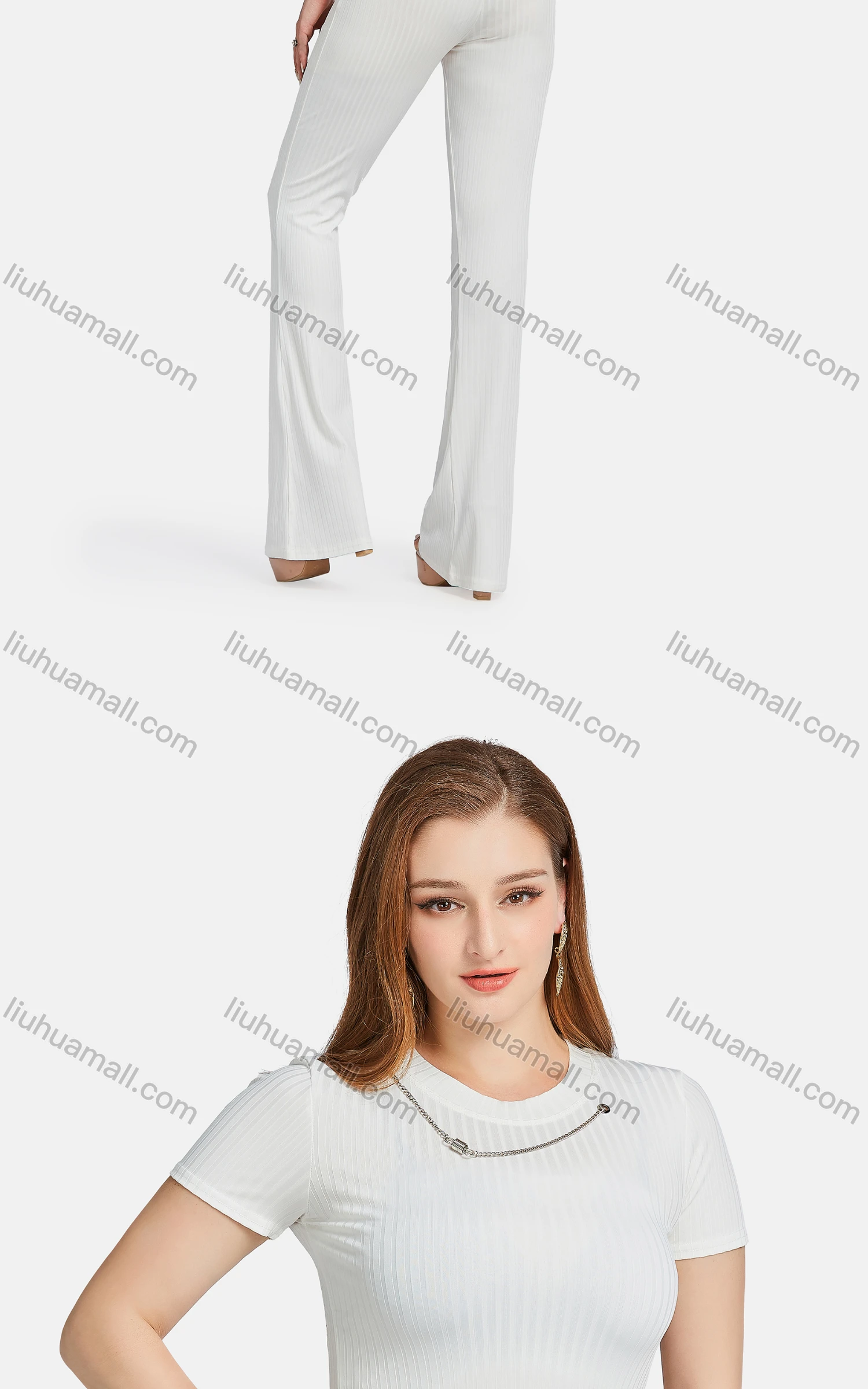 Wholesale Women's Casual Crew Neck Short Sleeve Chain Decor Ribbed Blouse 2-piece Set - Liuhuamall