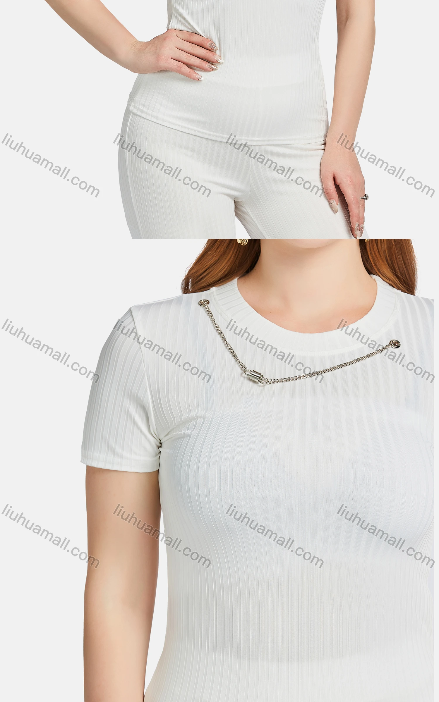 Wholesale Women's Casual Crew Neck Short Sleeve Chain Decor Ribbed Blouse 2-piece Set - Liuhuamall