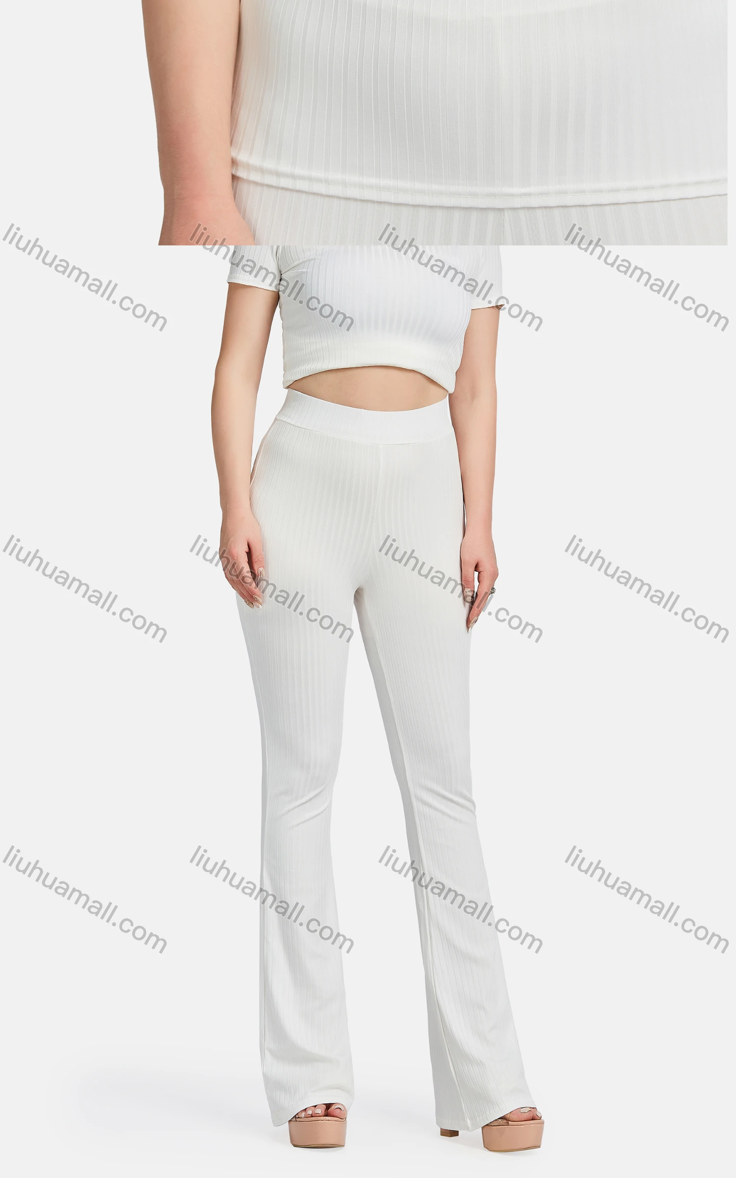 Wholesale Women's Casual Crew Neck Short Sleeve Chain Decor Ribbed Blouse 2-piece Set - Liuhuamall