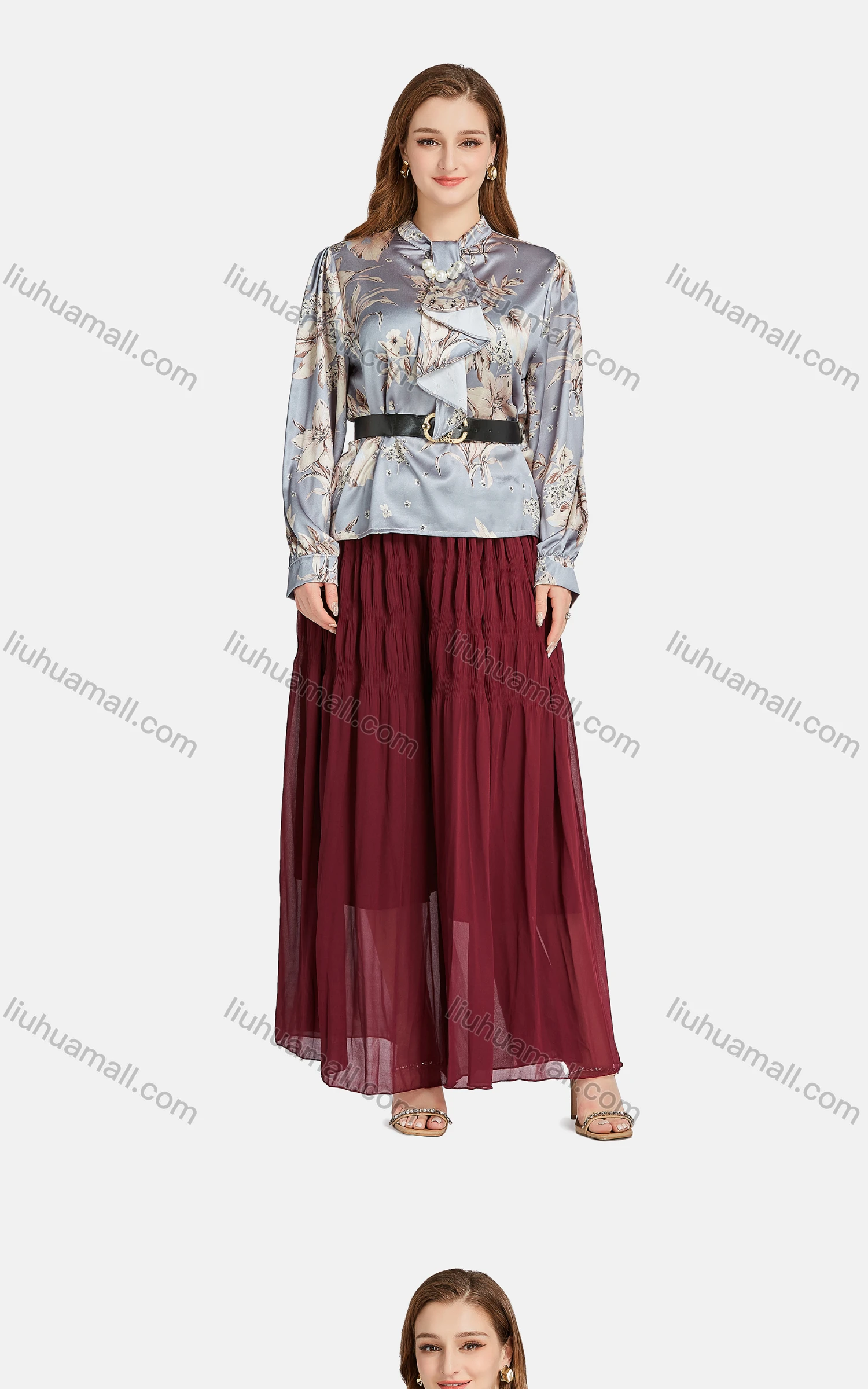 Wholesale Women's Elegant Tie Neck Long Sleeve Pearl Decor Floral Blouse 2-piece Set - Liuhuamall