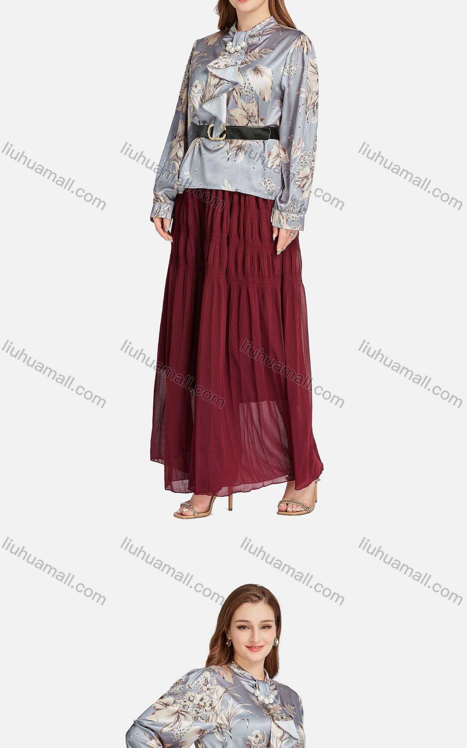 Wholesale Women's Elegant Tie Neck Long Sleeve Pearl Decor Floral Blouse 2-piece Set - Liuhuamall