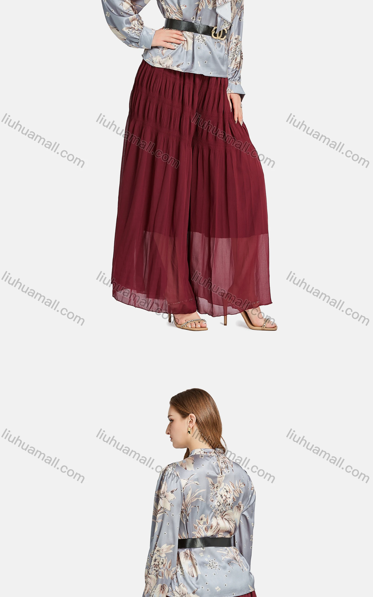 Wholesale Women's Elegant Tie Neck Long Sleeve Pearl Decor Floral Blouse 2-piece Set - Liuhuamall