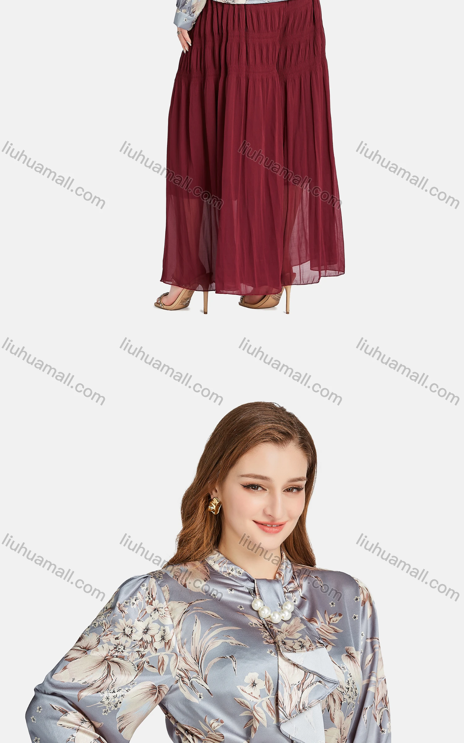Wholesale Women's Elegant Tie Neck Long Sleeve Pearl Decor Floral Blouse 2-piece Set - Liuhuamall