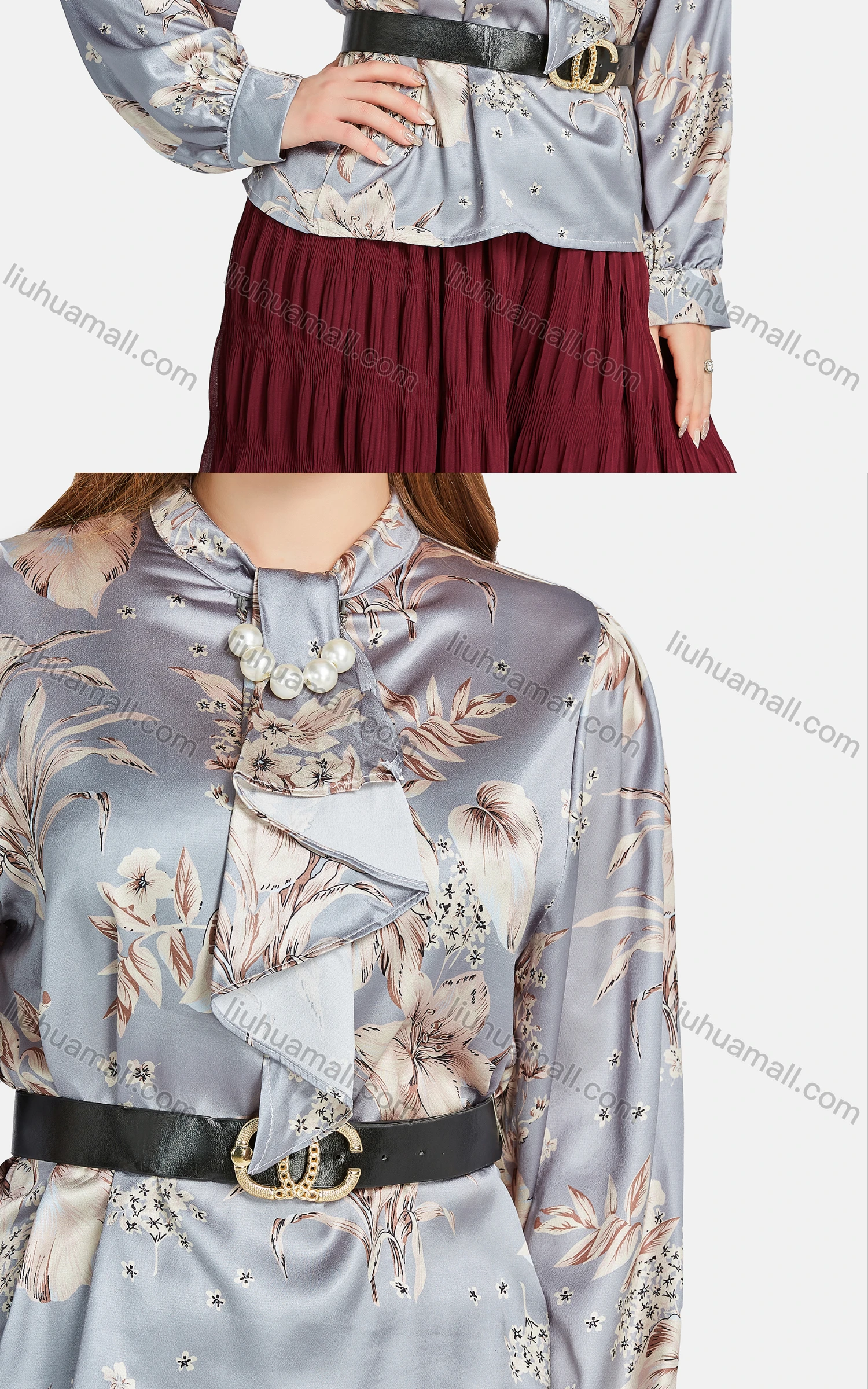 Wholesale Women's Elegant Tie Neck Long Sleeve Pearl Decor Floral Blouse 2-piece Set - Liuhuamall