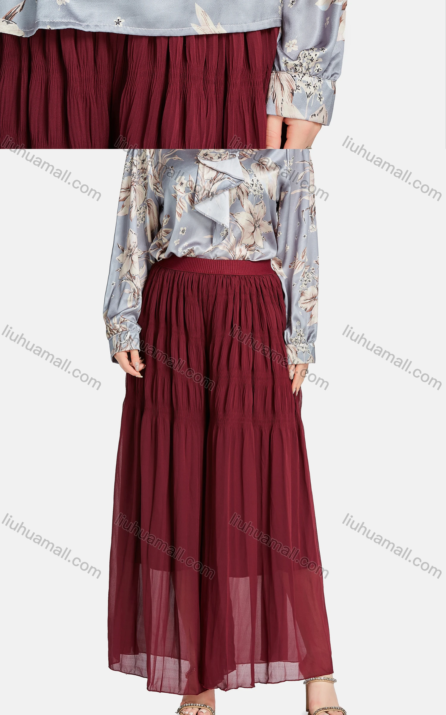 Wholesale Women's Elegant Tie Neck Long Sleeve Pearl Decor Floral Blouse 2-piece Set - Liuhuamall
