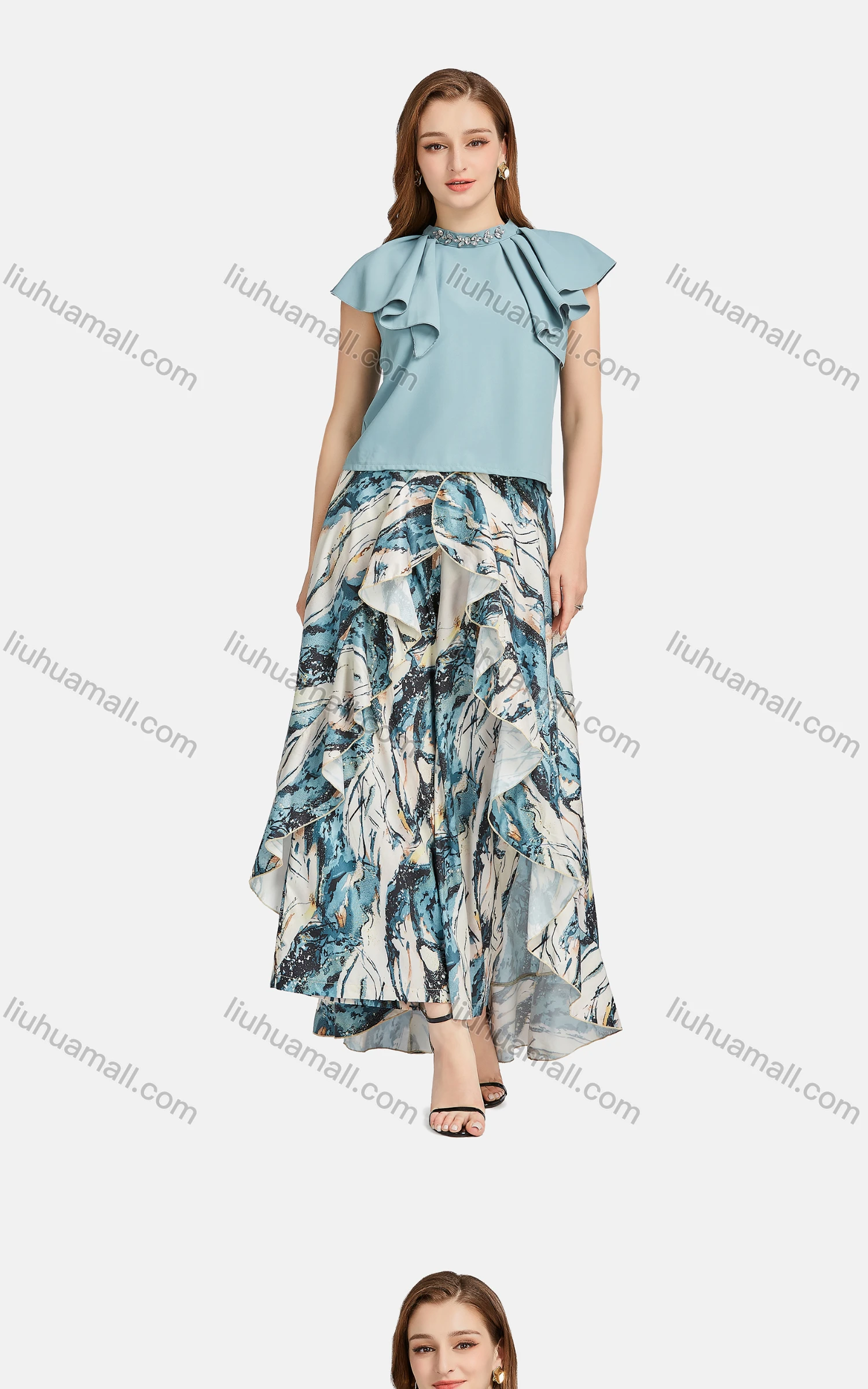 Wholesale Women's Casual Stand Collar Ruffle Trim Rhinestone Blouse 2-piece Set - Liuhuamall