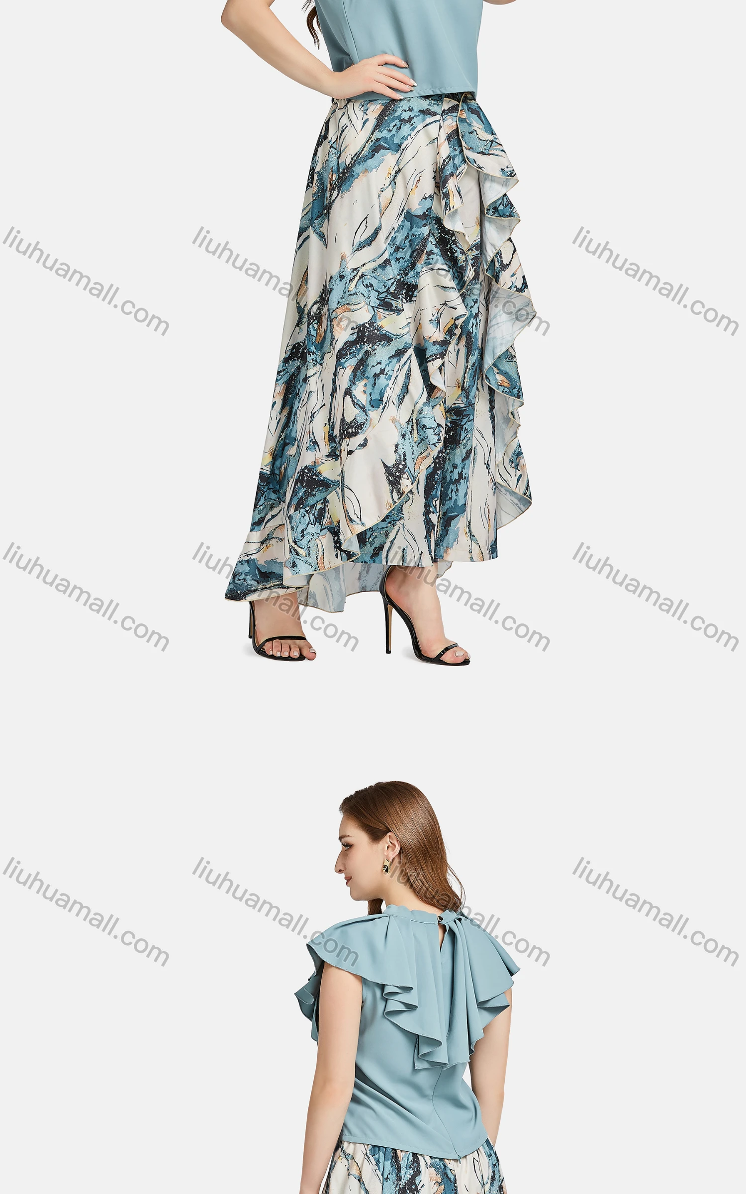 Wholesale Women's Casual Stand Collar Ruffle Trim Rhinestone Blouse 2-piece Set - Liuhuamall