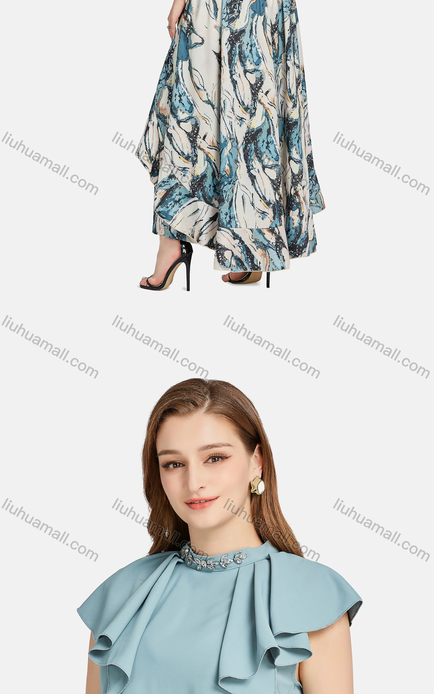 Wholesale Women's Casual Stand Collar Ruffle Trim Rhinestone Blouse 2-piece Set - Liuhuamall