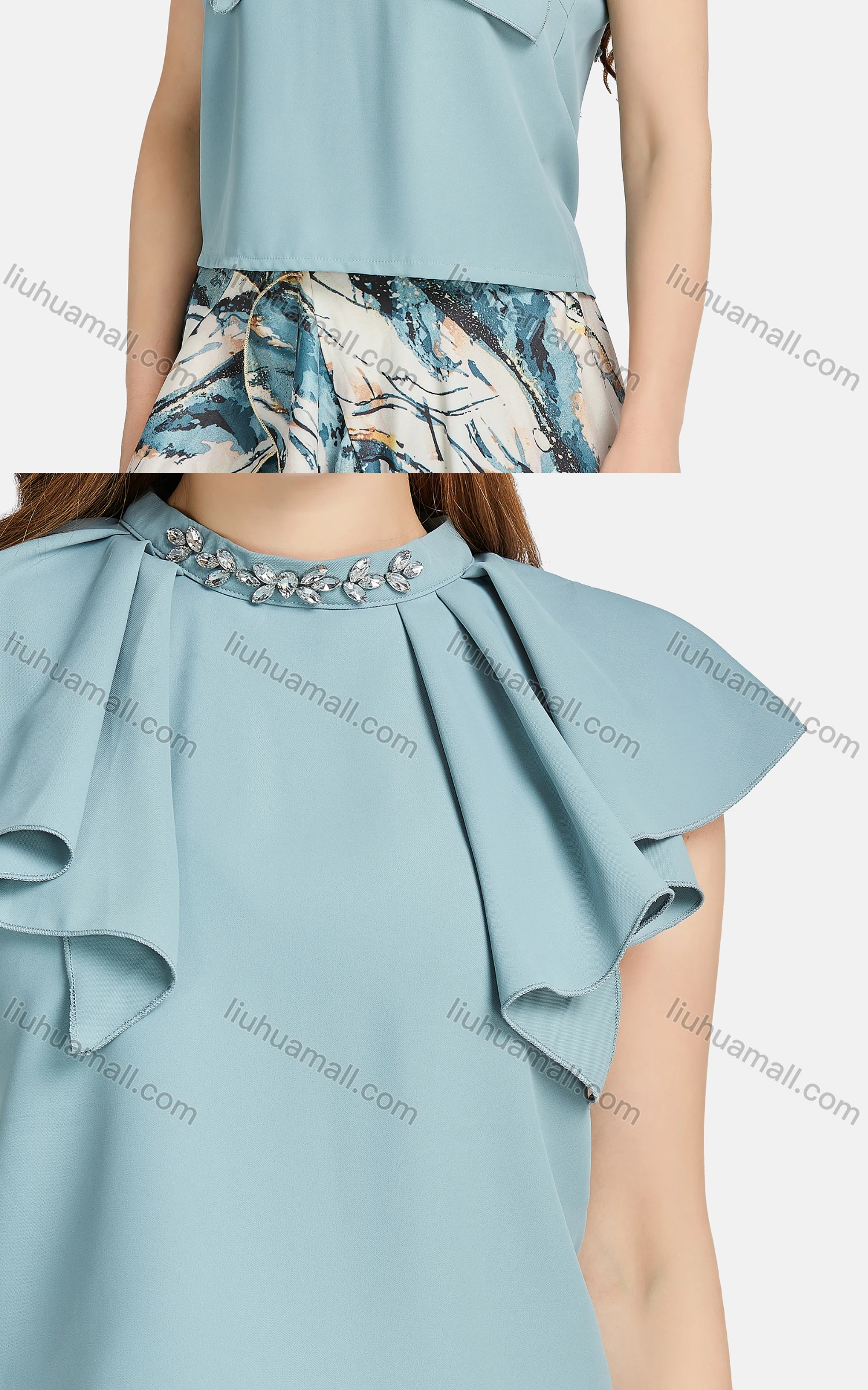 Wholesale Women's Casual Stand Collar Ruffle Trim Rhinestone Blouse 2-piece Set - Liuhuamall