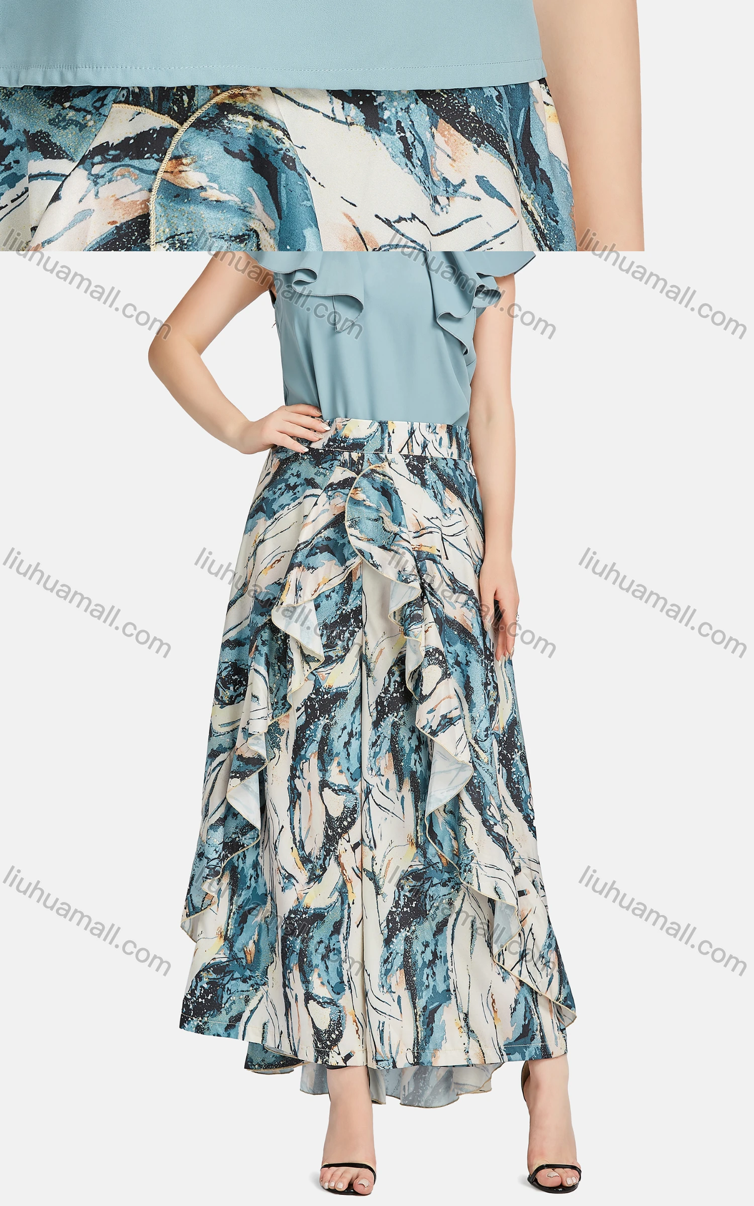 Wholesale Women's Casual Stand Collar Ruffle Trim Rhinestone Blouse 2-piece Set - Liuhuamall