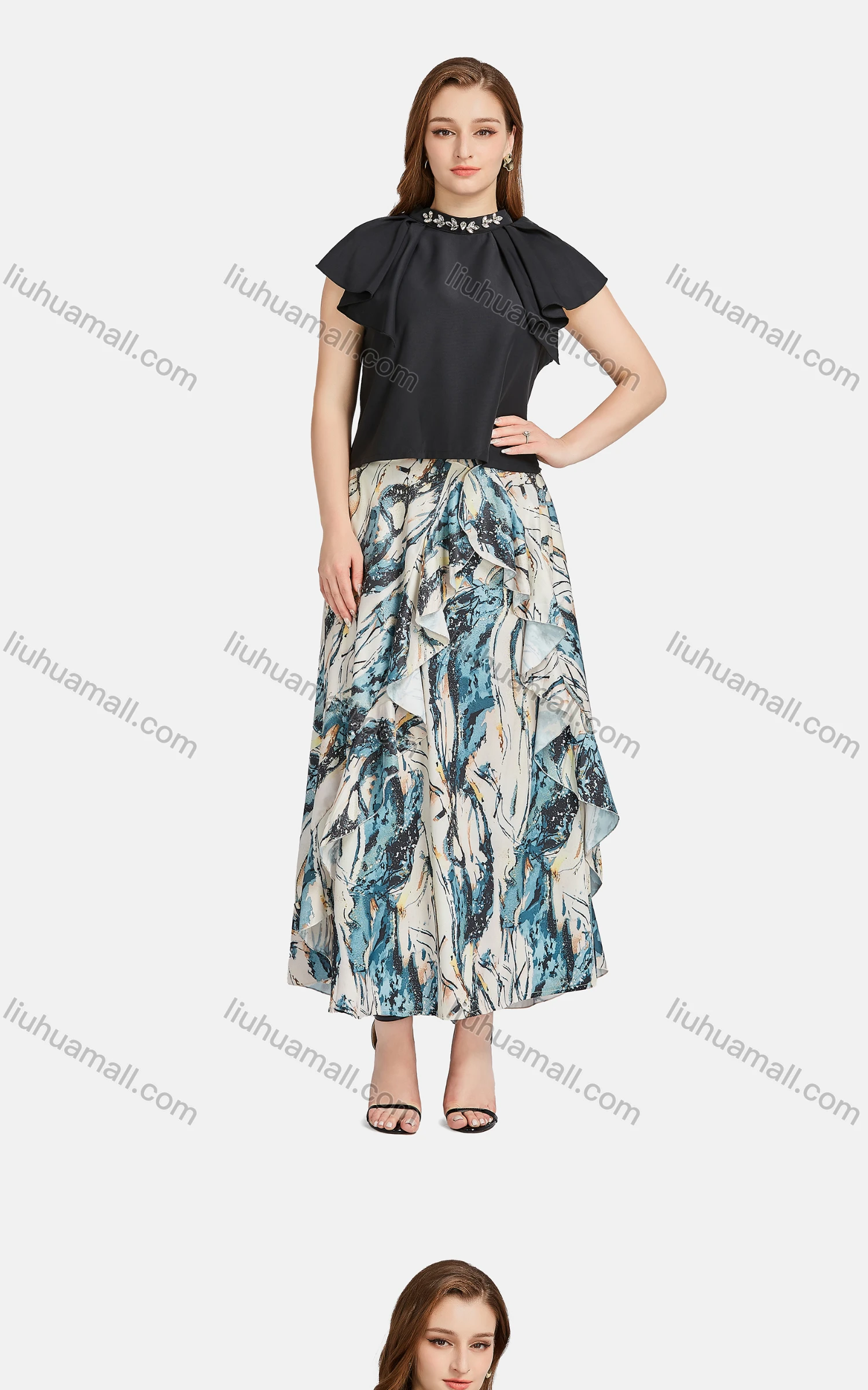 Wholesale Women's Casual Stand Collar Ruffle Trim Rhinestone Blouse 2-piece Set - Liuhuamall