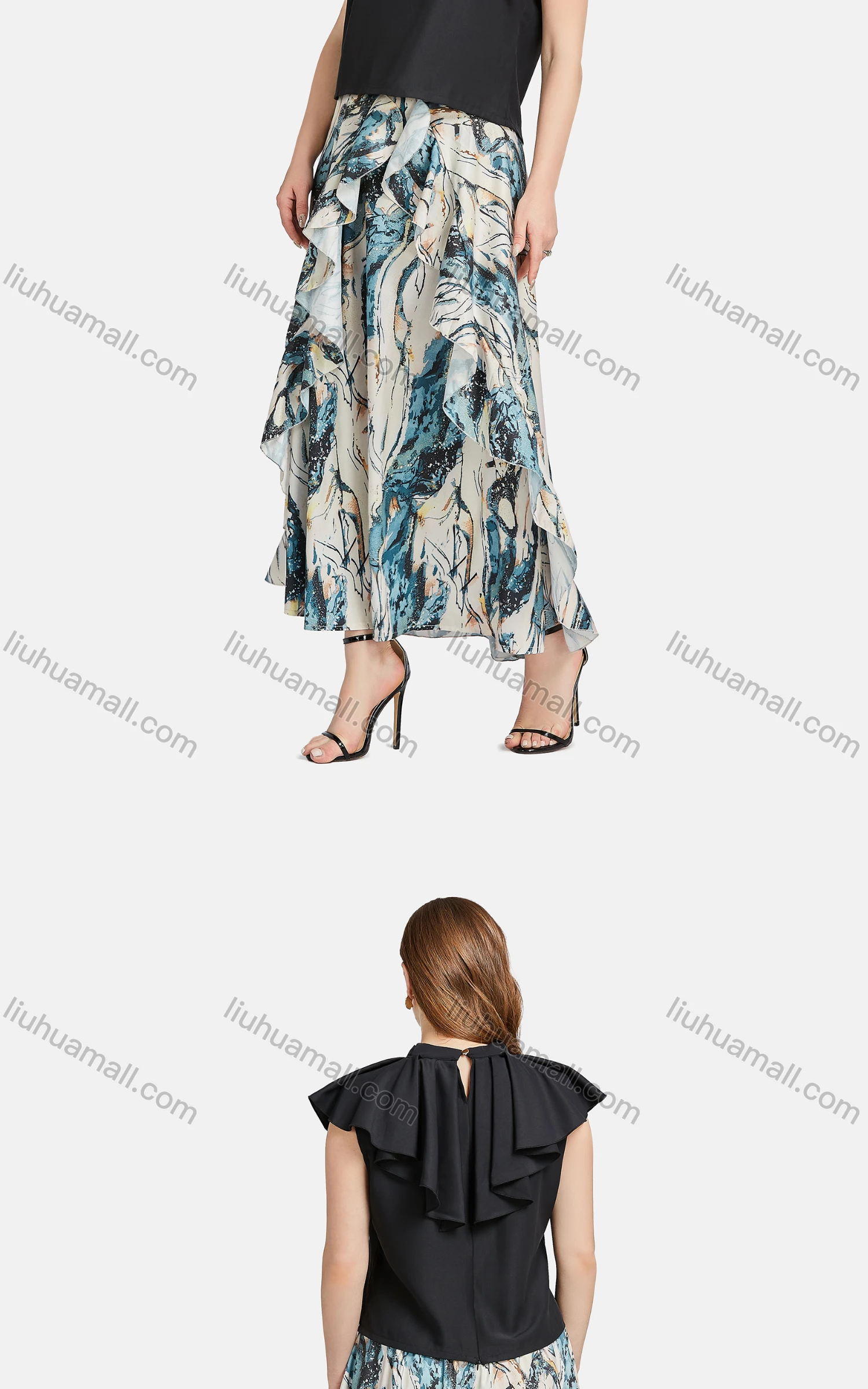 Wholesale Women's Casual Stand Collar Ruffle Trim Rhinestone Blouse 2-piece Set - Liuhuamall