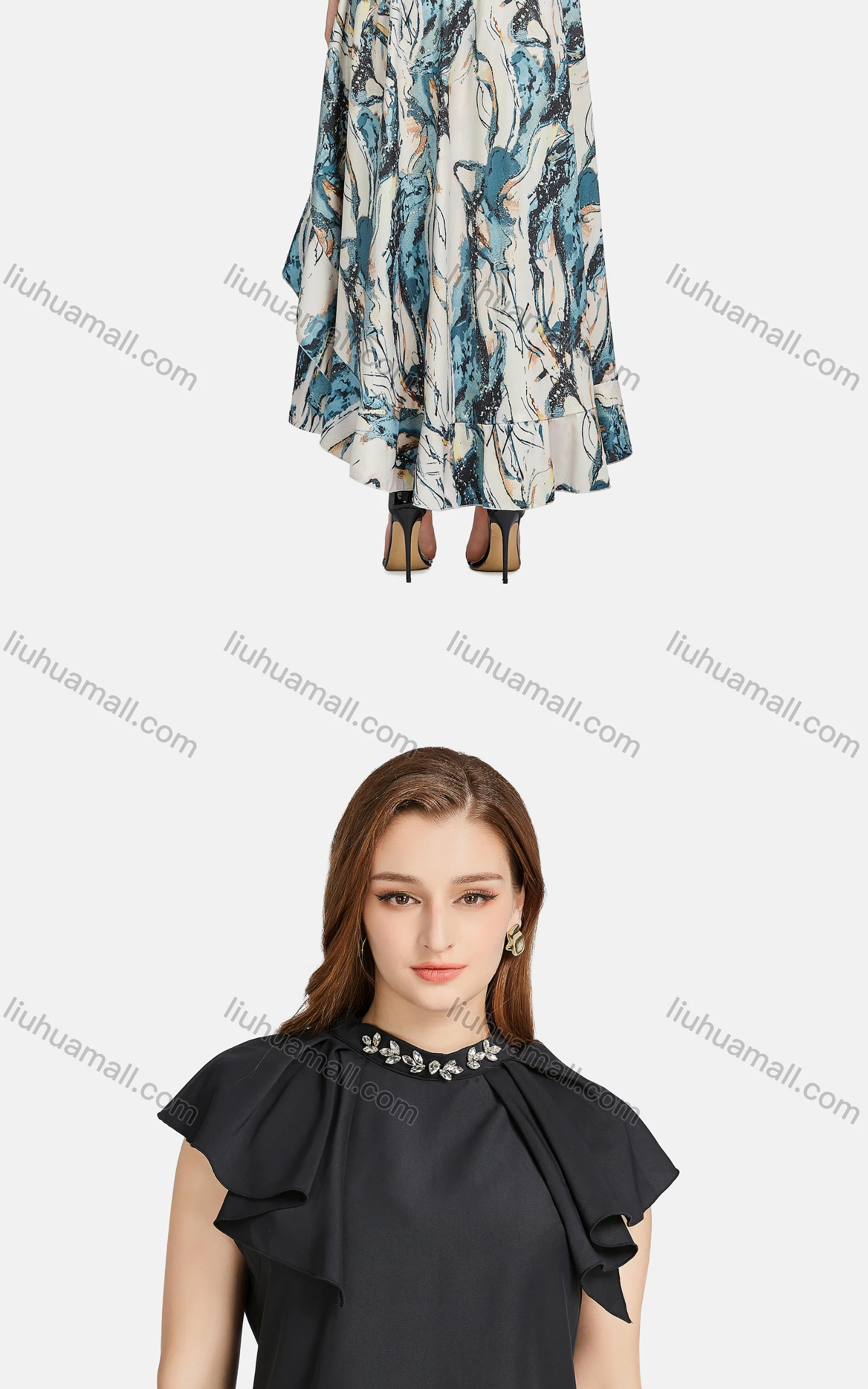 Wholesale Women's Casual Stand Collar Ruffle Trim Rhinestone Blouse 2-piece Set - Liuhuamall