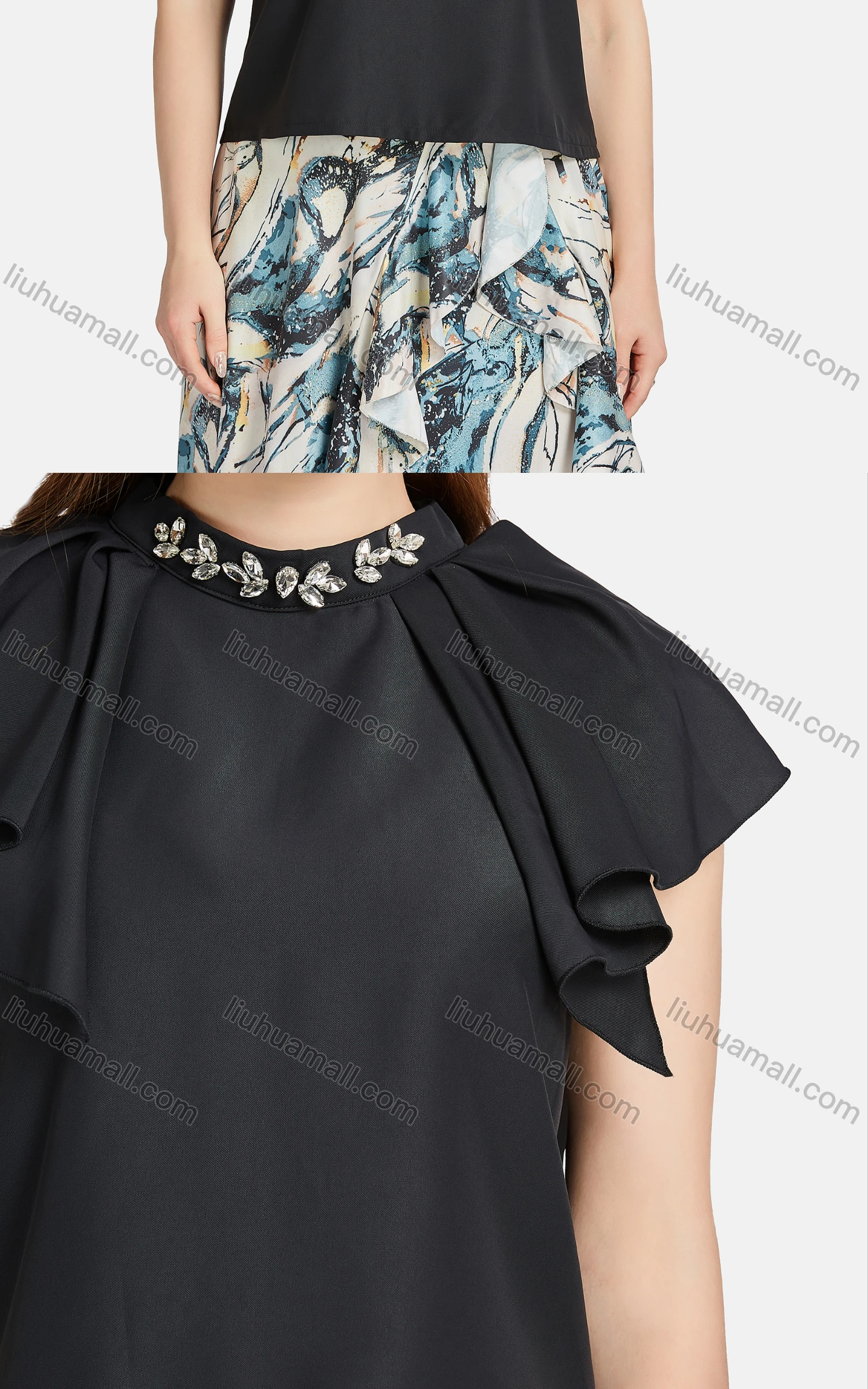 Wholesale Women's Casual Stand Collar Ruffle Trim Rhinestone Blouse 2-piece Set - Liuhuamall