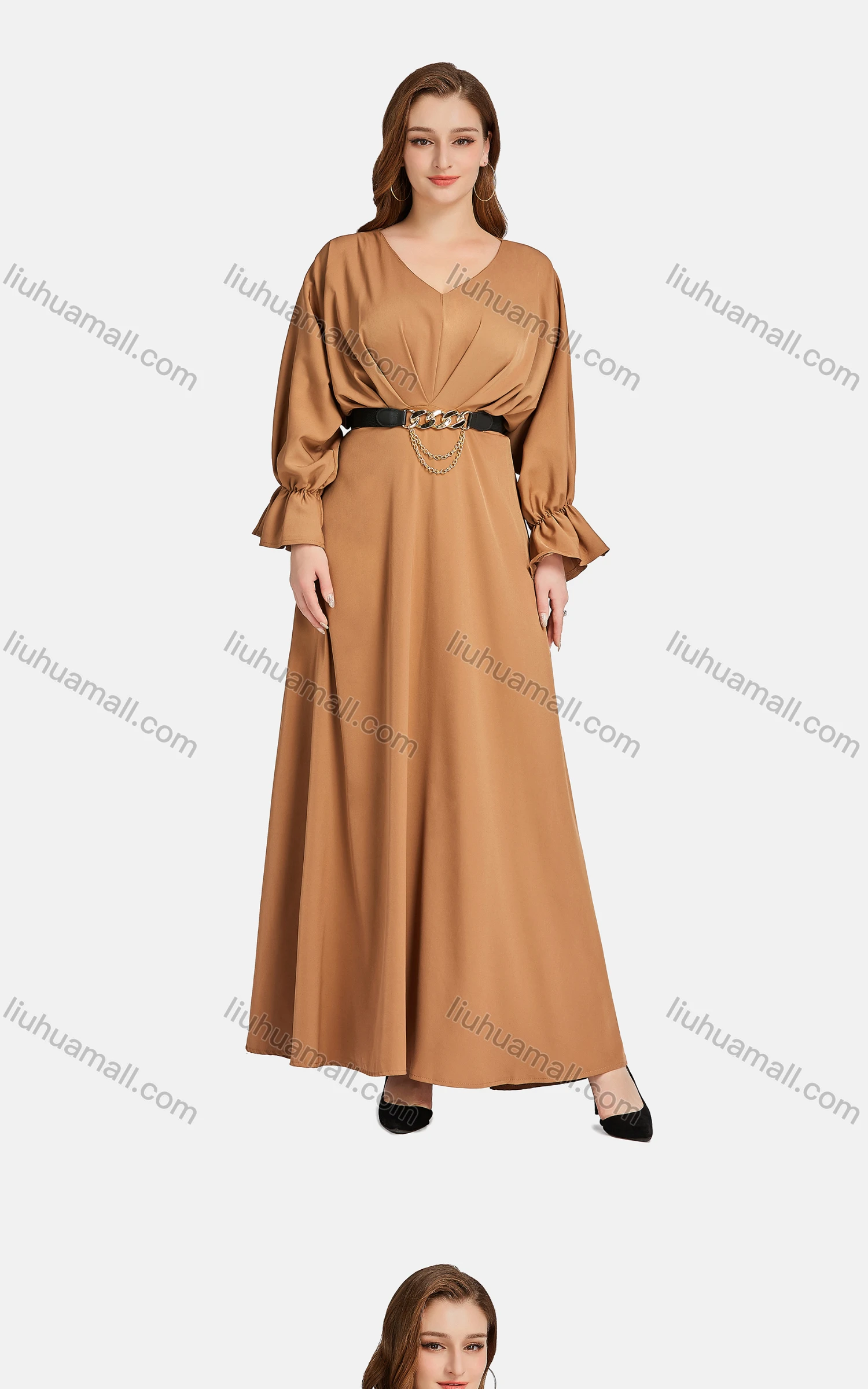 Wholesale Women's Elegant Plain V Neck Poet Sleeve High Waist Belted Maxi Dress - Liuhuamall