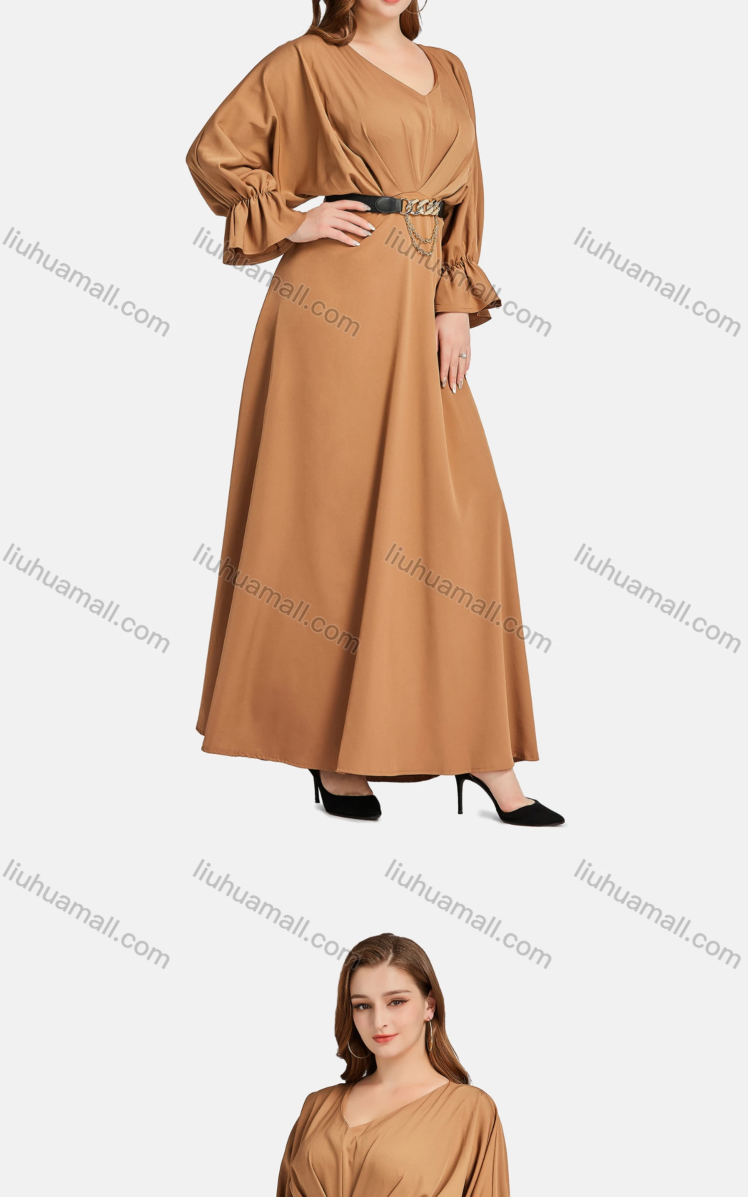 Wholesale Women's Elegant Plain V Neck Poet Sleeve High Waist Belted Maxi Dress - Liuhuamall