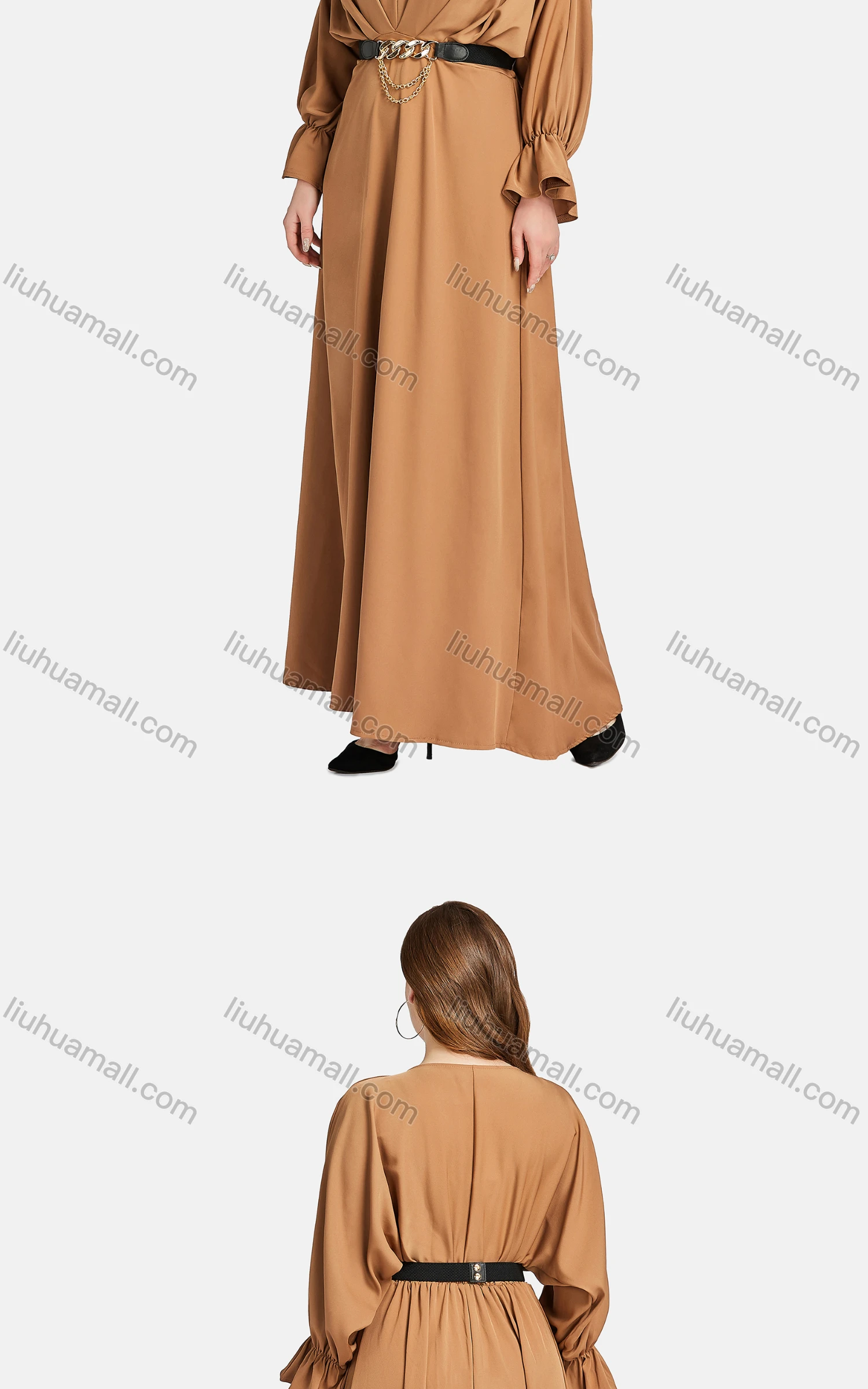 Wholesale Women's Elegant Plain V Neck Poet Sleeve High Waist Belted Maxi Dress - Liuhuamall