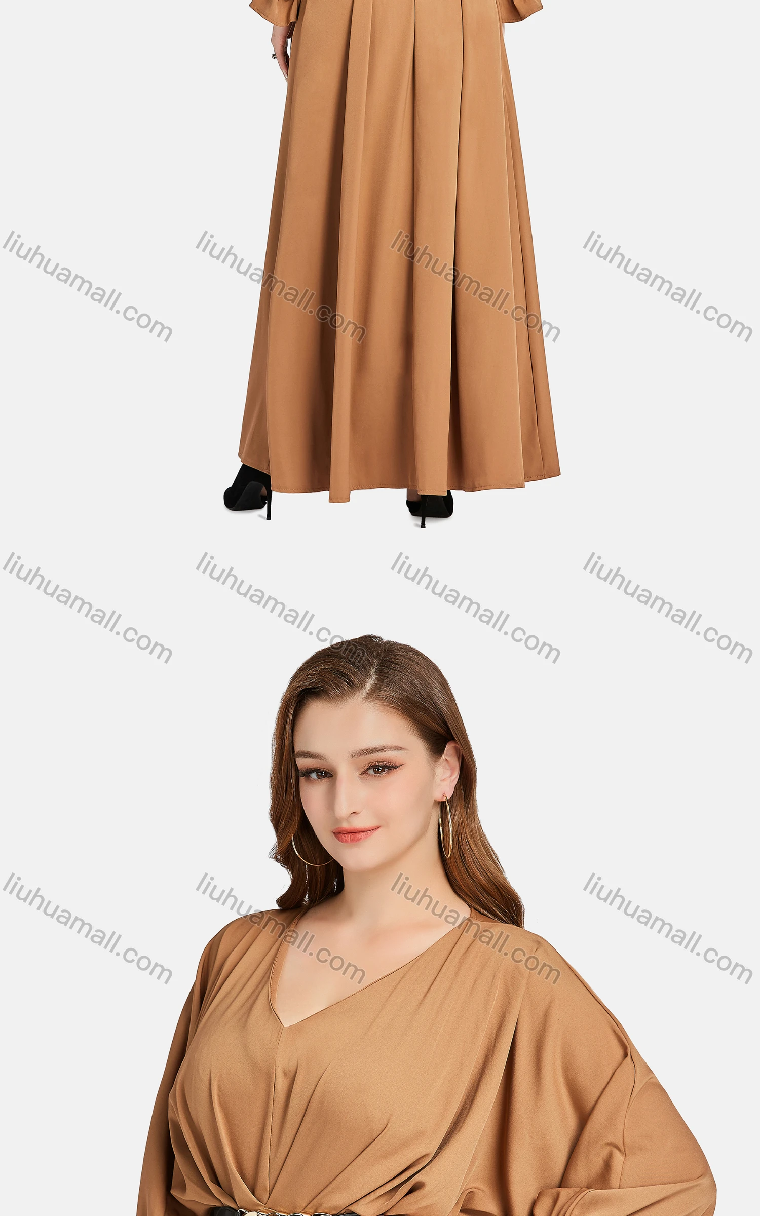 Wholesale Women's Elegant Plain V Neck Poet Sleeve High Waist Belted Maxi Dress - Liuhuamall