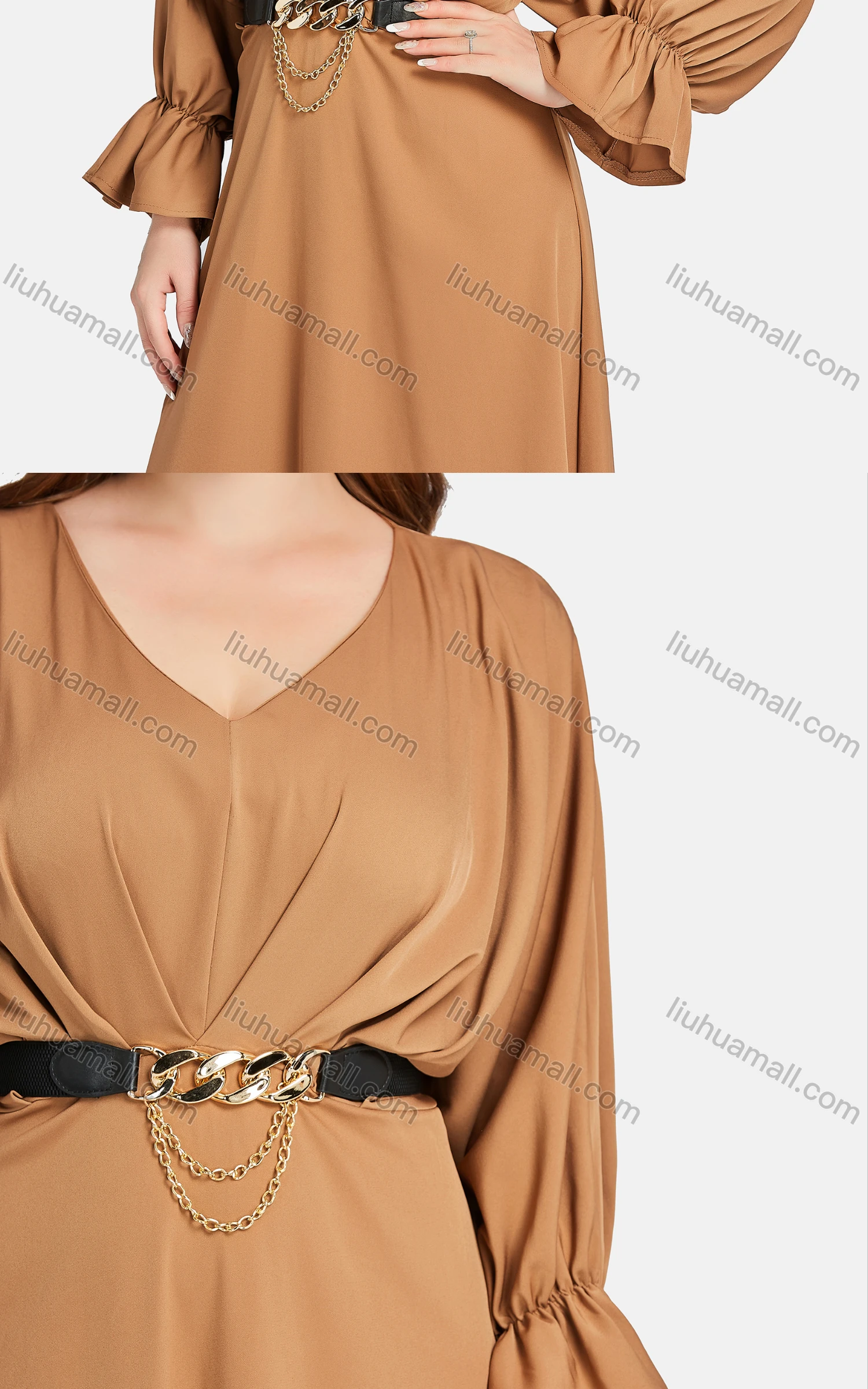 Wholesale Women's Elegant Plain V Neck Poet Sleeve High Waist Belted Maxi Dress - Liuhuamall