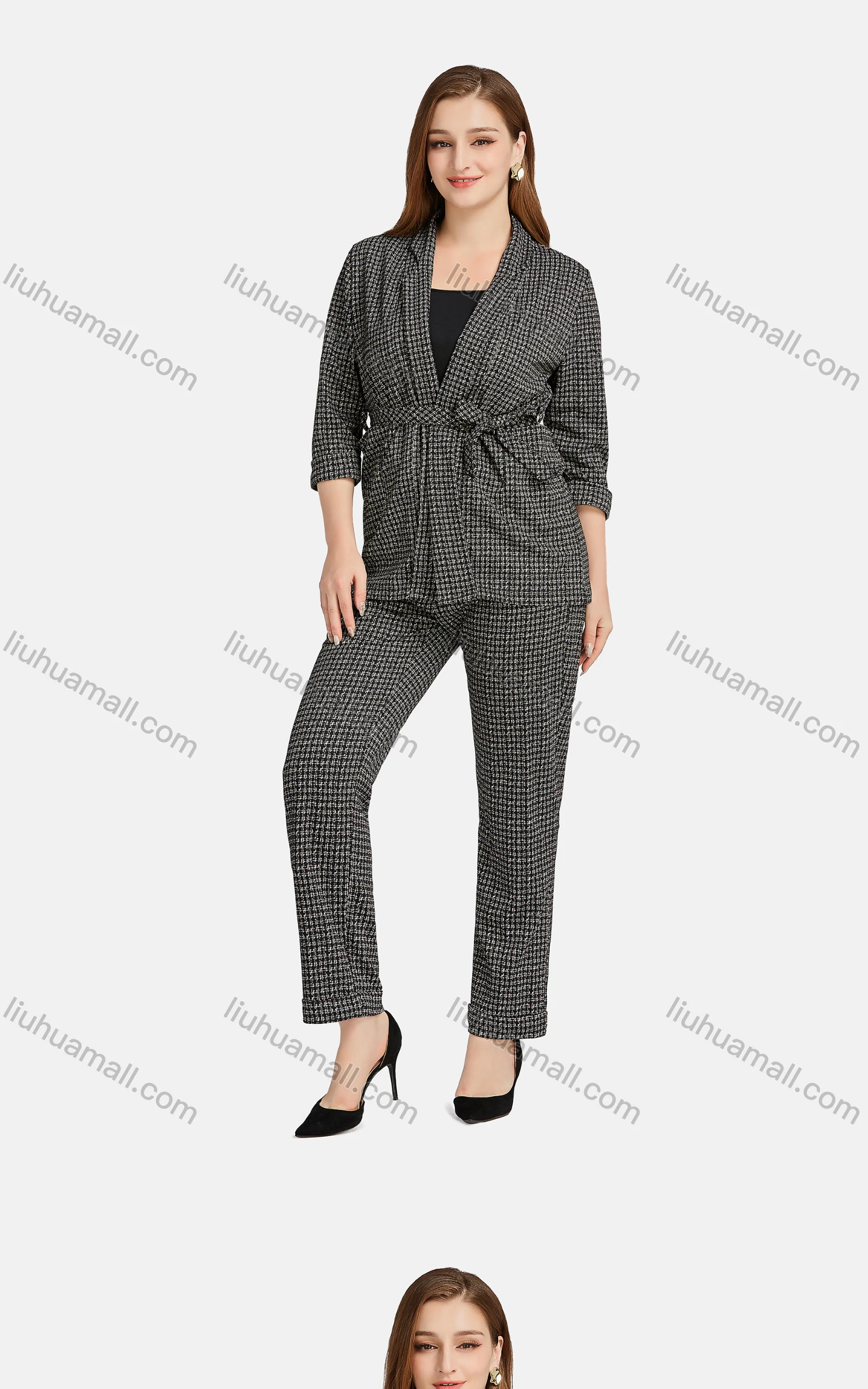 Wholesale Women's Casual Lapel Plaid Patch Pockets Tie Front Cardigan 2-piece Set - Liuhuamall