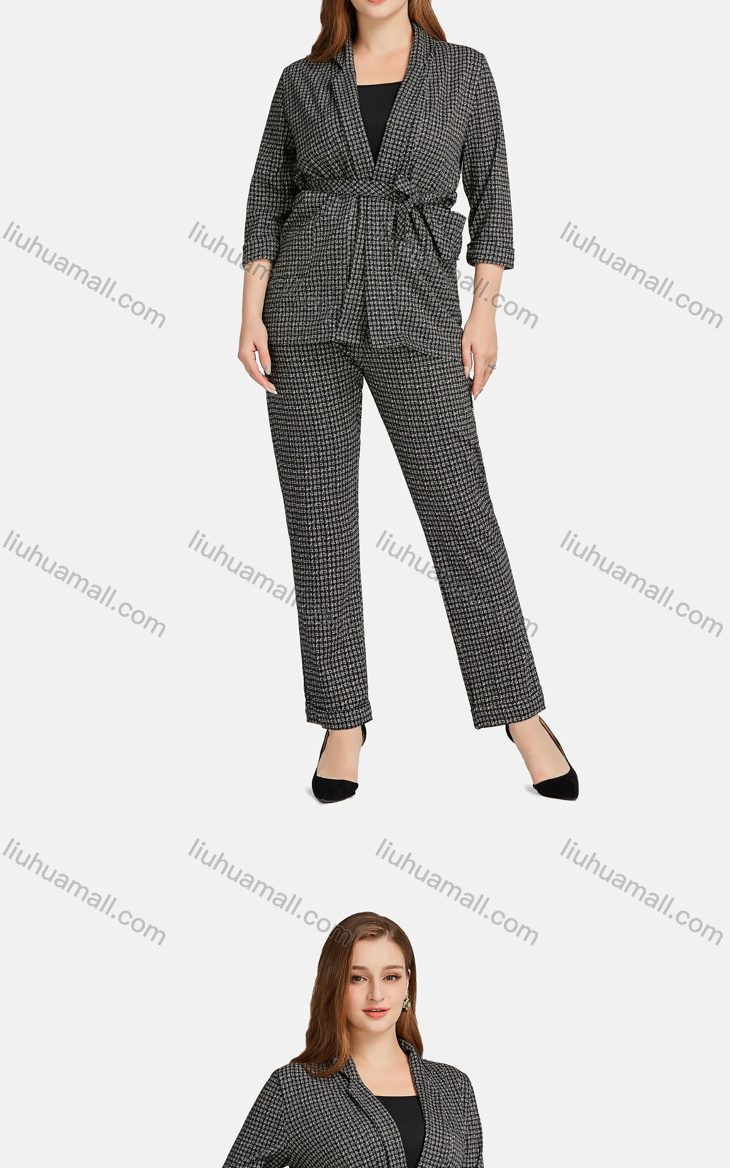Wholesale Women's Casual Lapel Plaid Patch Pockets Tie Front Cardigan 2-piece Set - Liuhuamall
