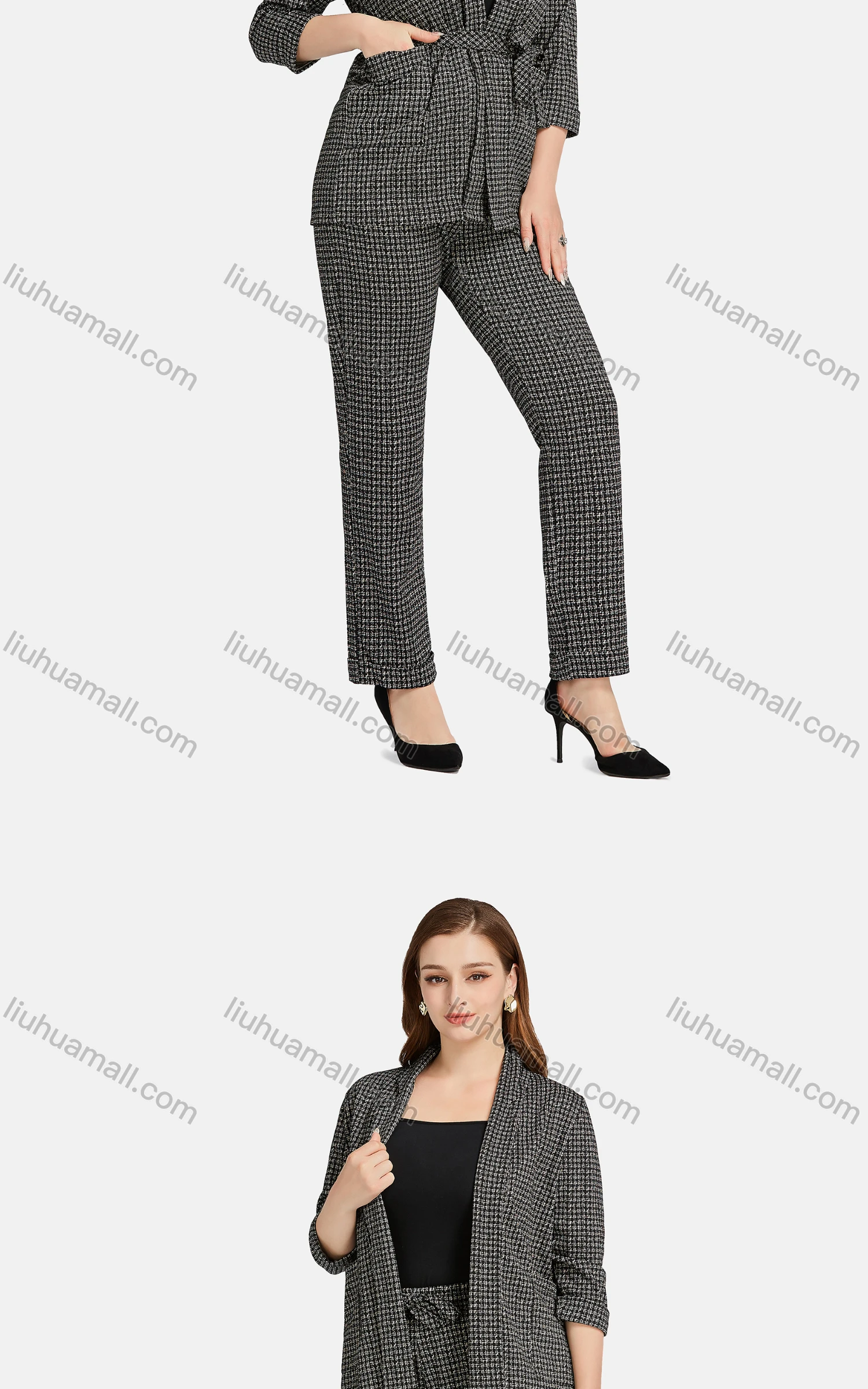 Wholesale Women's Casual Lapel Plaid Patch Pockets Tie Front Cardigan 2-piece Set - Liuhuamall