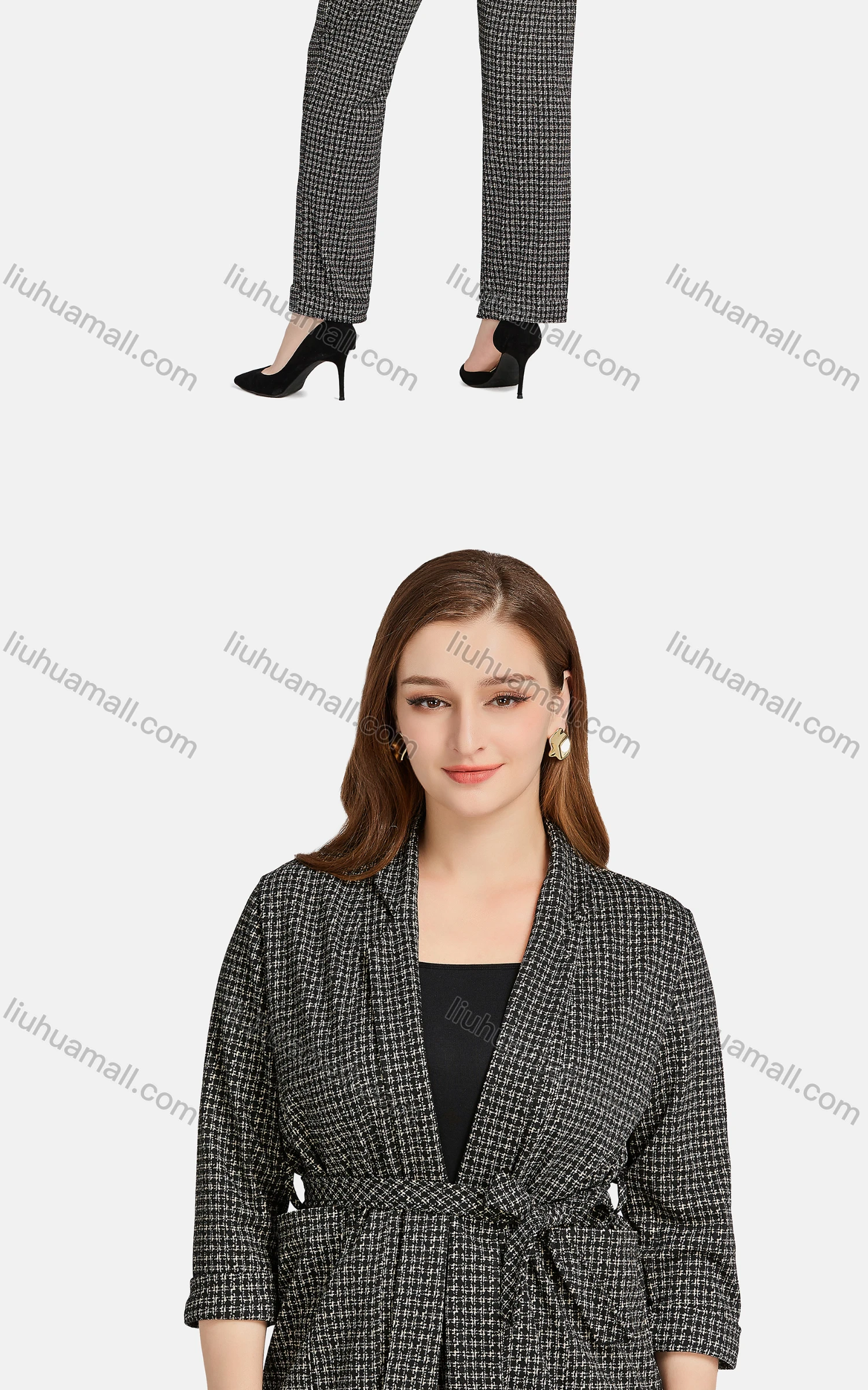 Wholesale Women's Casual Lapel Plaid Patch Pockets Tie Front Cardigan 2-piece Set - Liuhuamall