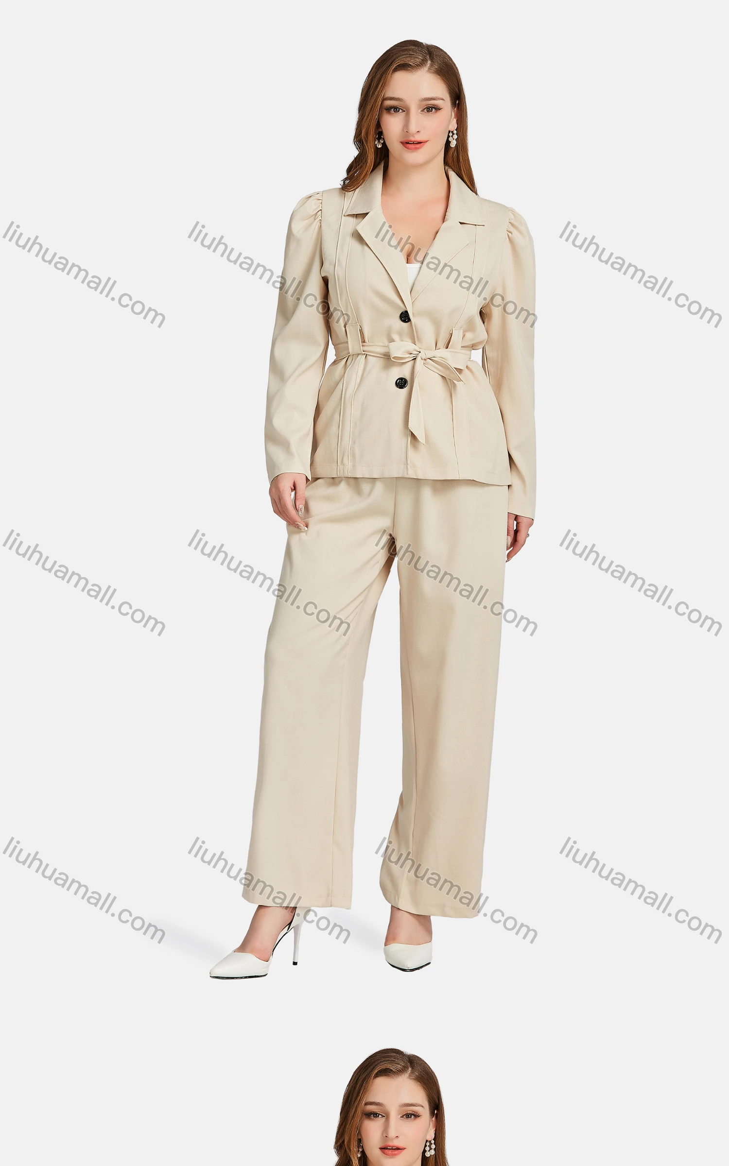 Wholesale Women's Formal Lapel Plain Single Breasted Tie Front Suit Jackets 2-piece Set - Liuhuamall