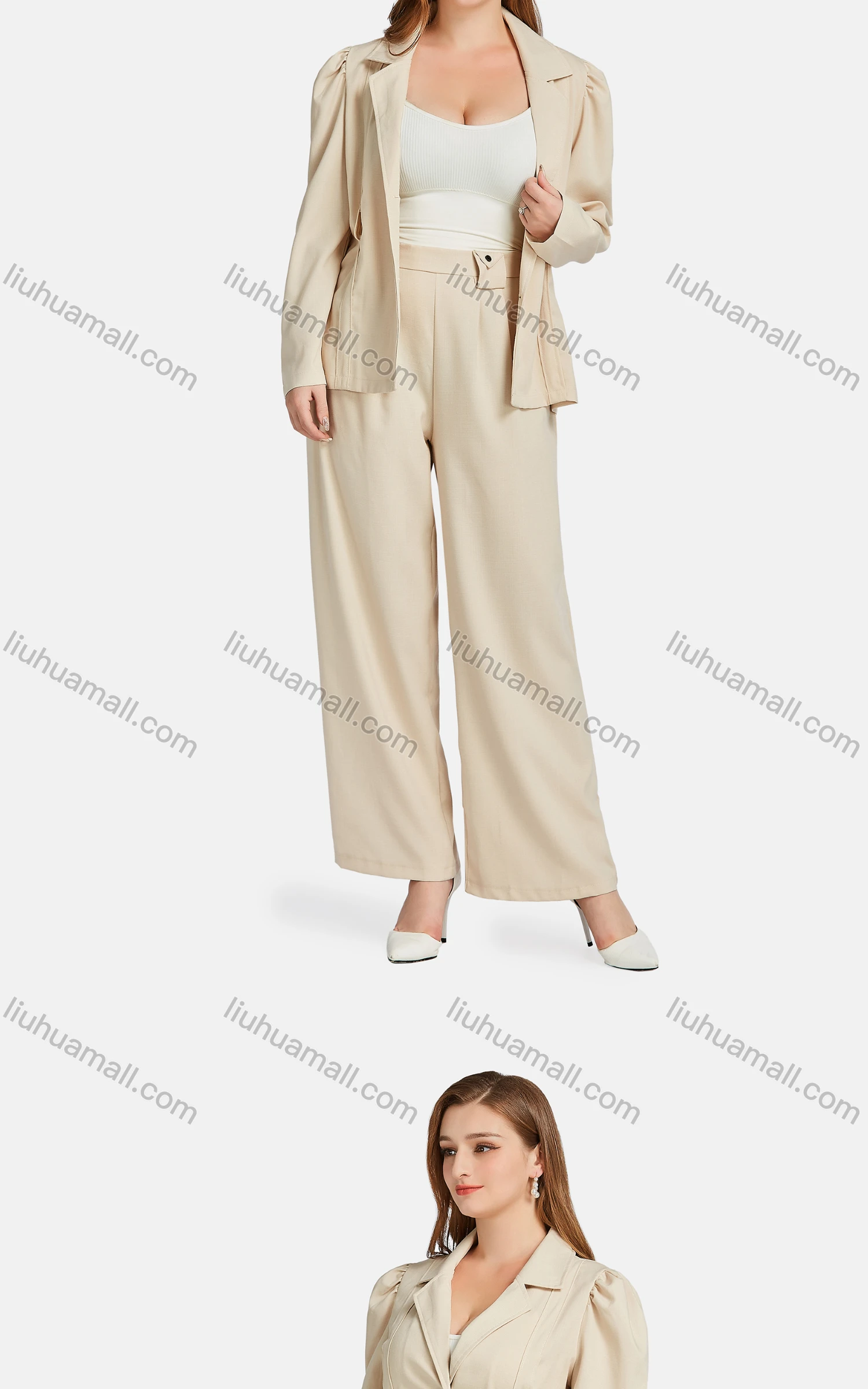 Wholesale Women's Formal Lapel Plain Single Breasted Tie Front Suit Jackets 2-piece Set - Liuhuamall