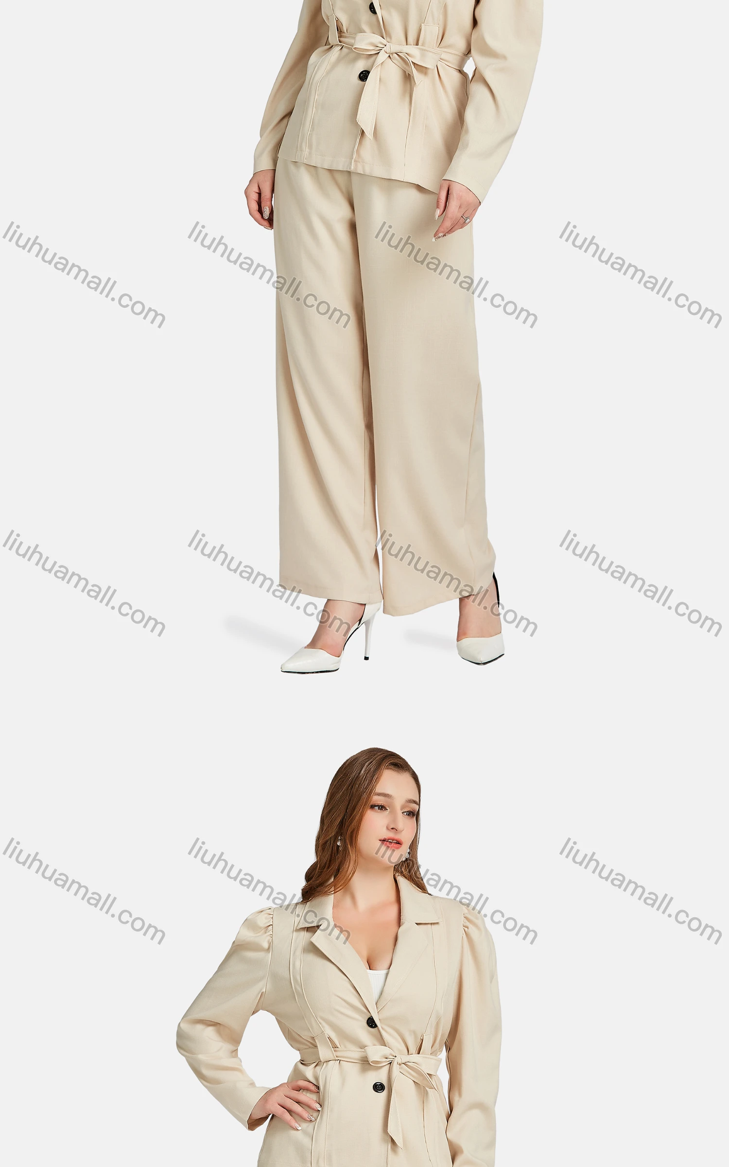 Wholesale Women's Formal Lapel Plain Single Breasted Tie Front Suit Jackets 2-piece Set - Liuhuamall