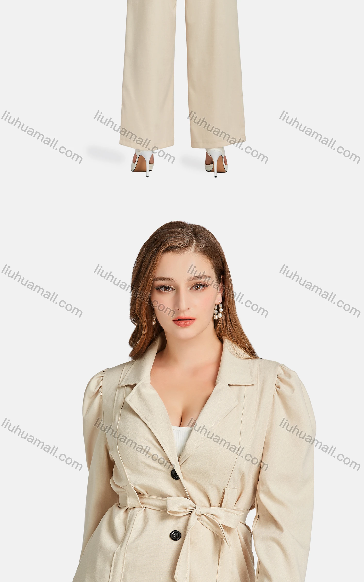 Wholesale Women's Formal Lapel Plain Single Breasted Tie Front Suit Jackets 2-piece Set - Liuhuamall