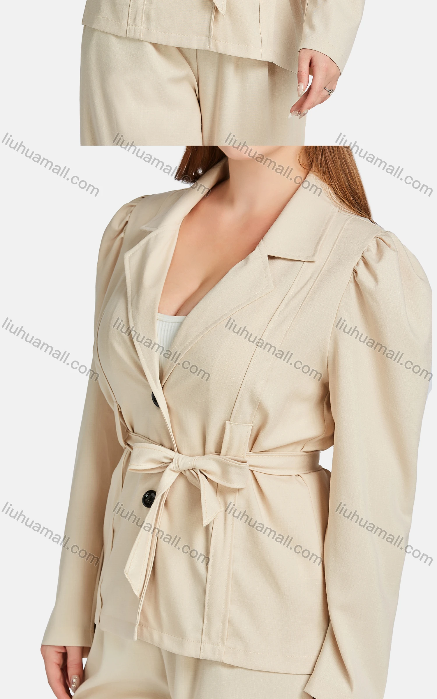 Wholesale Women's Formal Lapel Plain Single Breasted Tie Front Suit Jackets 2-piece Set - Liuhuamall