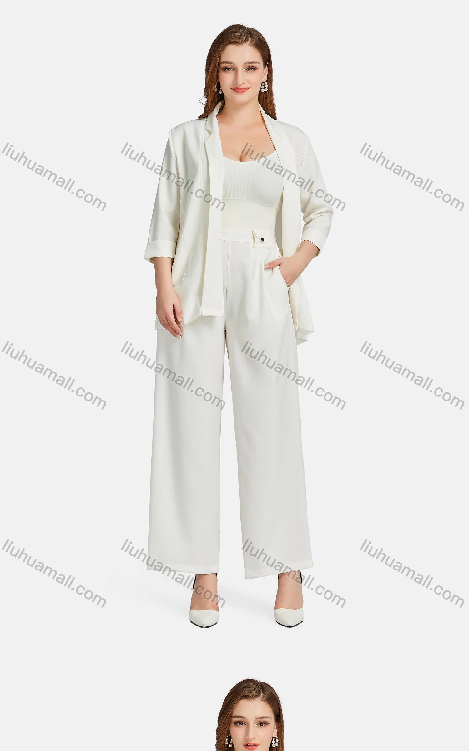 Wholesale Women's Casual Lapel Plain Patch Pockets Tie Front Cardigan 2-piece Set - Liuhuamall