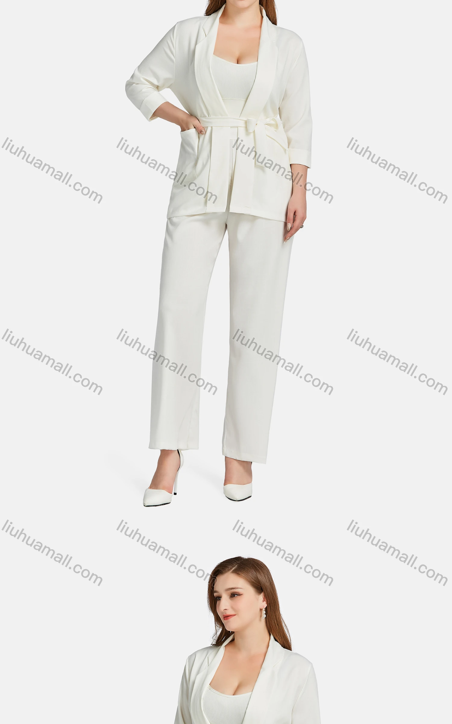 Wholesale Women's Casual Lapel Plain Patch Pockets Tie Front Cardigan 2-piece Set - Liuhuamall