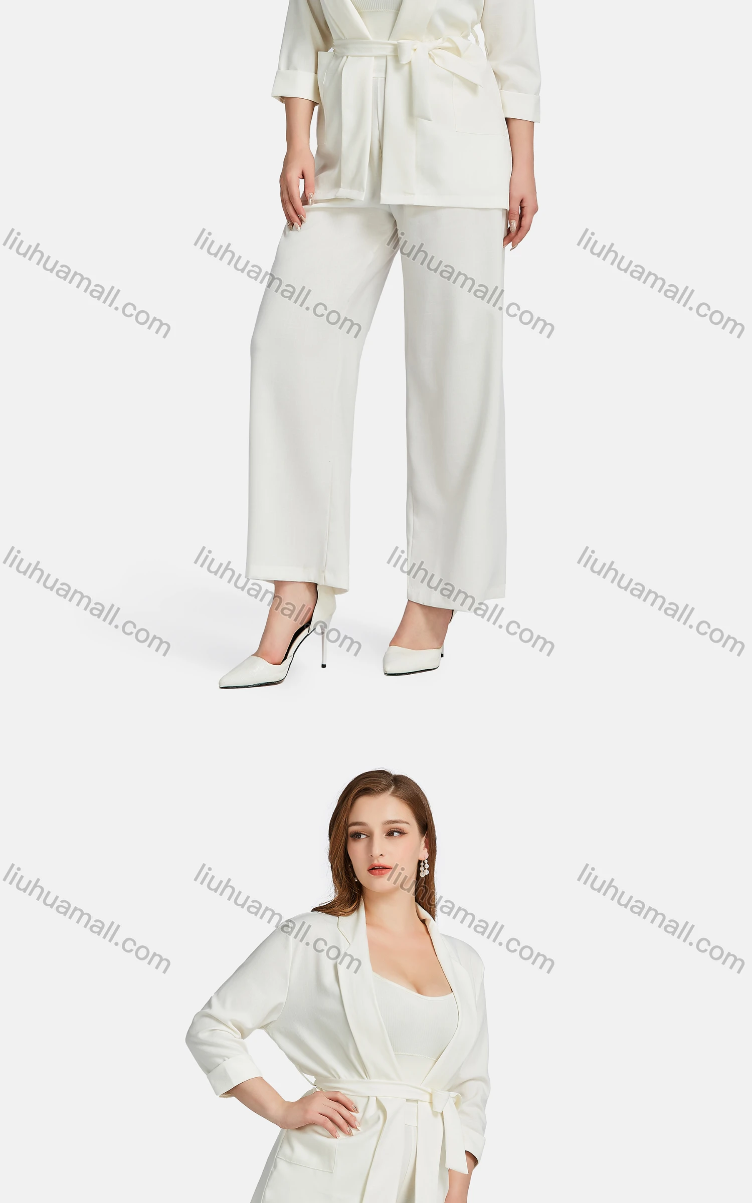 Wholesale Women's Casual Lapel Plain Patch Pockets Tie Front Cardigan 2-piece Set - Liuhuamall