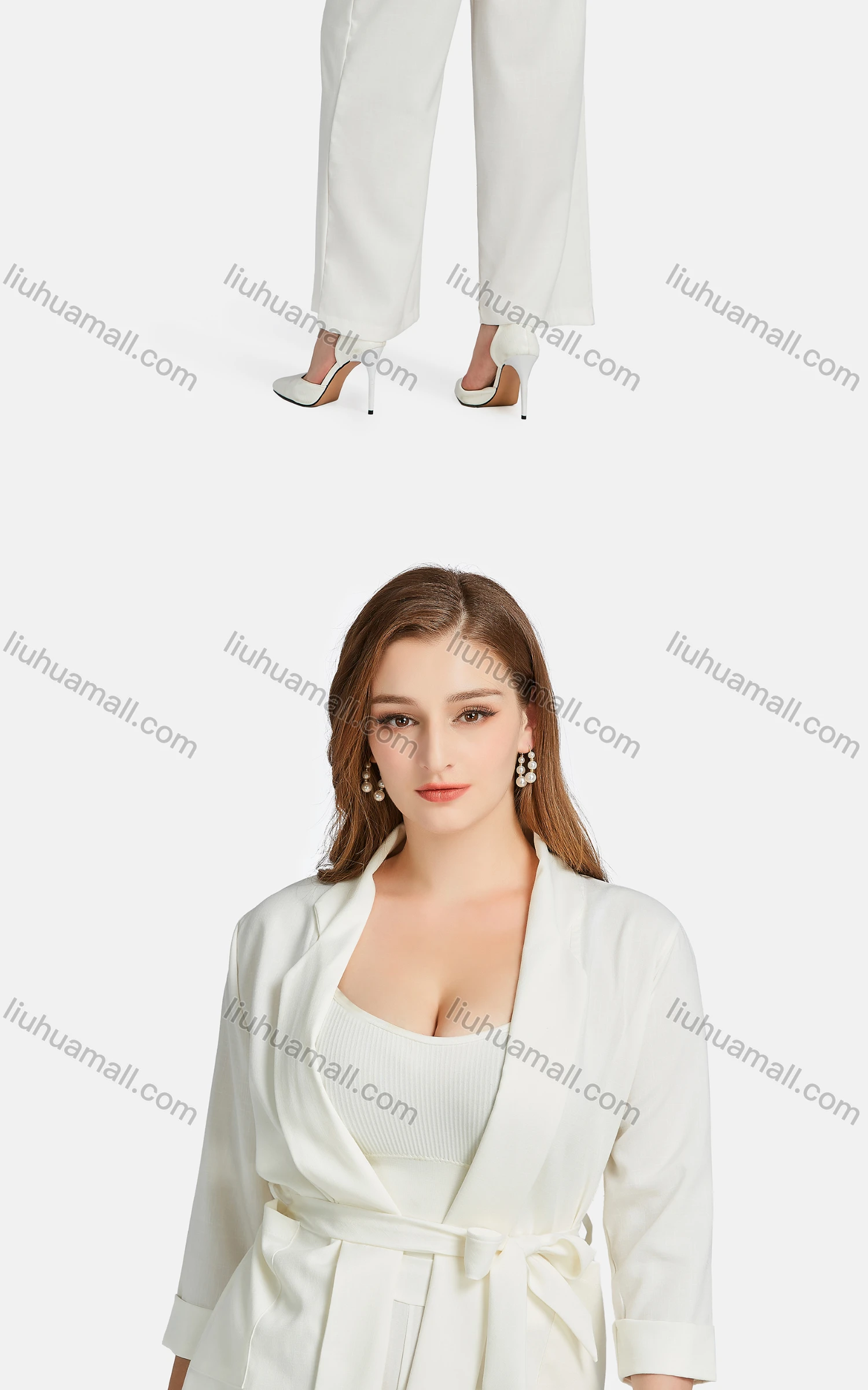 Wholesale Women's Casual Lapel Plain Patch Pockets Tie Front Cardigan 2-piece Set - Liuhuamall
