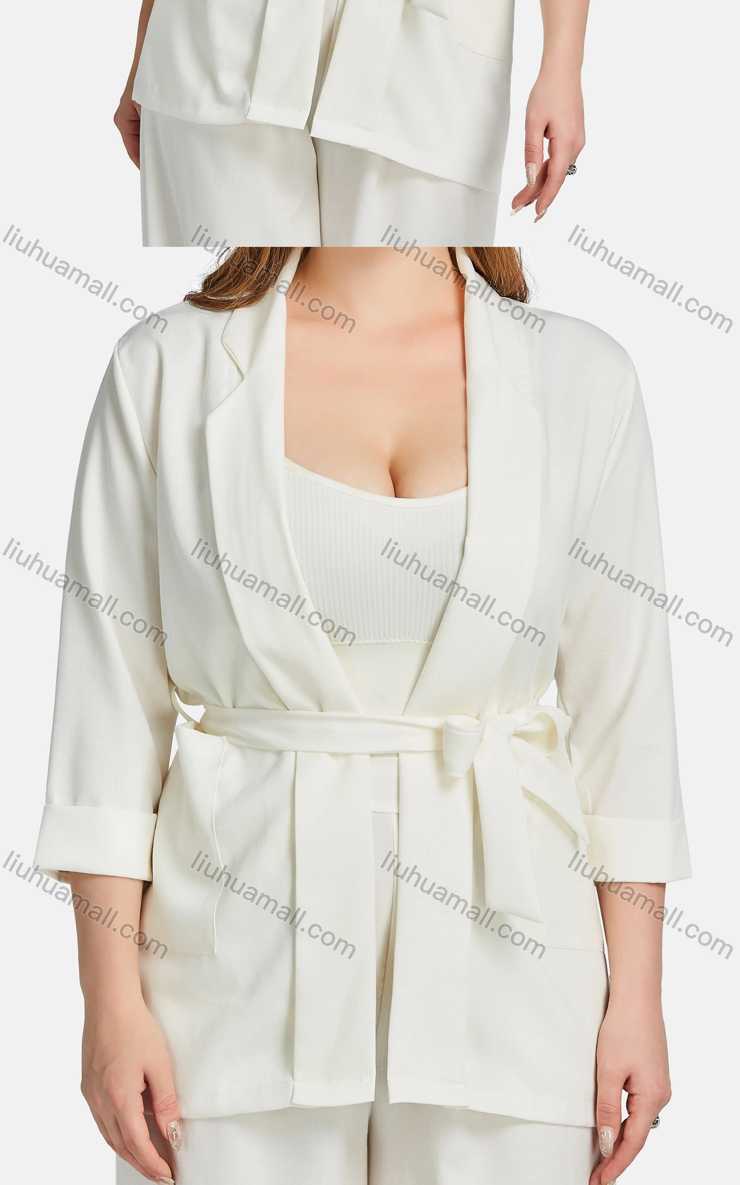 Wholesale Women's Casual Lapel Plain Patch Pockets Tie Front Cardigan 2-piece Set - Liuhuamall