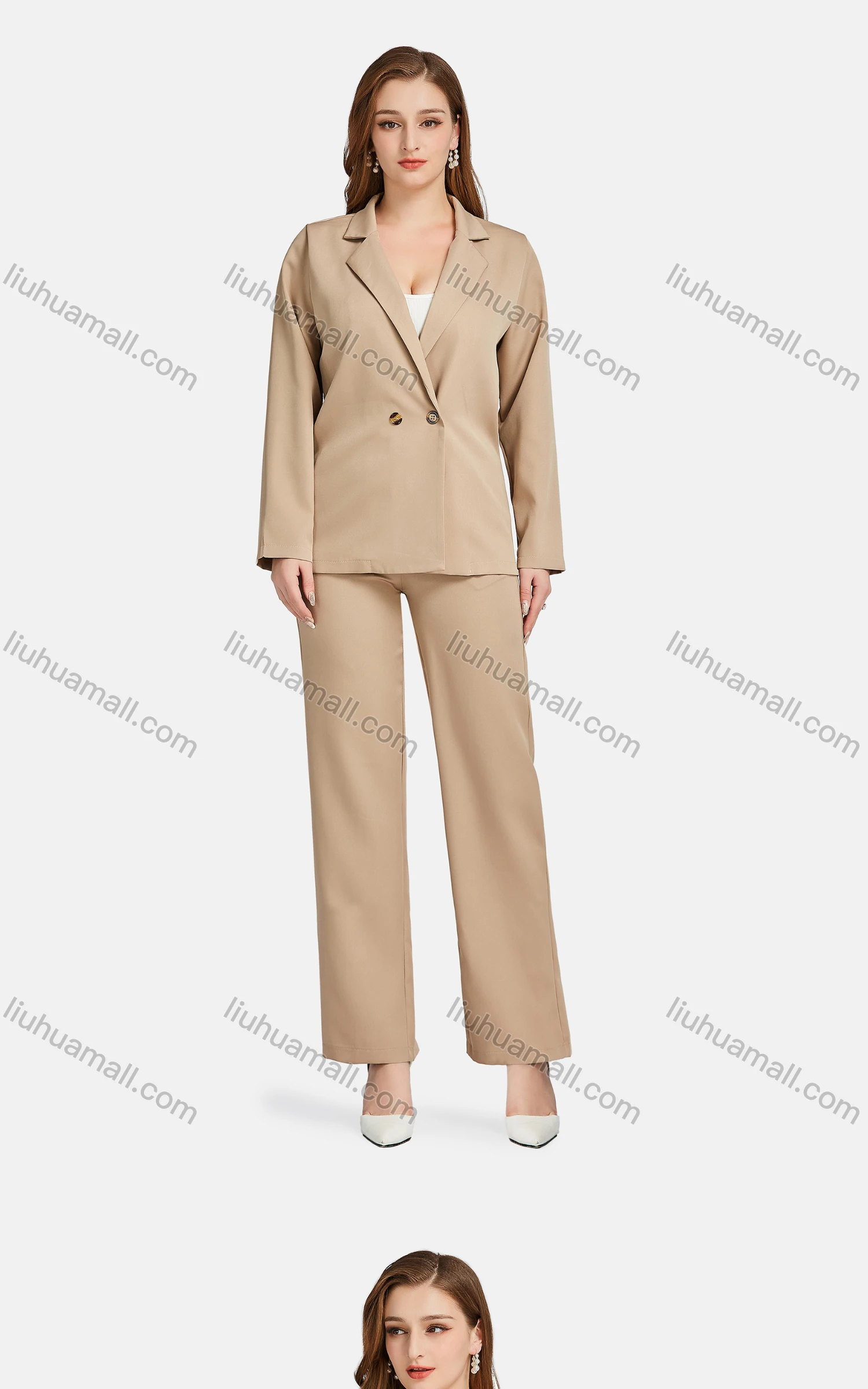 Wholesale Women's Formal Lapel Long Sleeve Plain Wrap Suit Jackets 2-piece Set - Liuhuamall