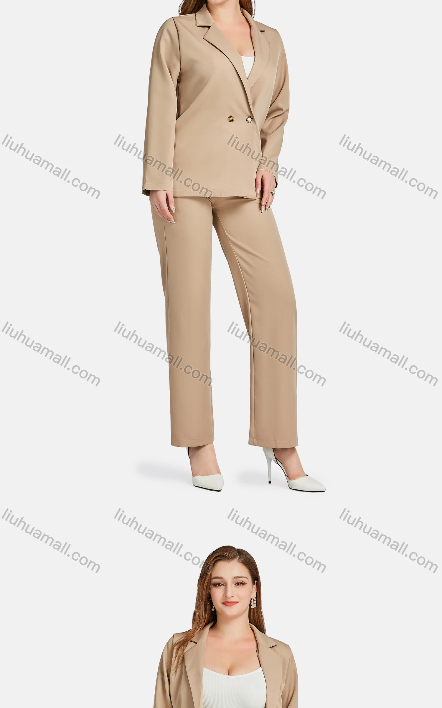 Wholesale Women's Formal Lapel Long Sleeve Plain Wrap Suit Jackets 2-piece Set - Liuhuamall