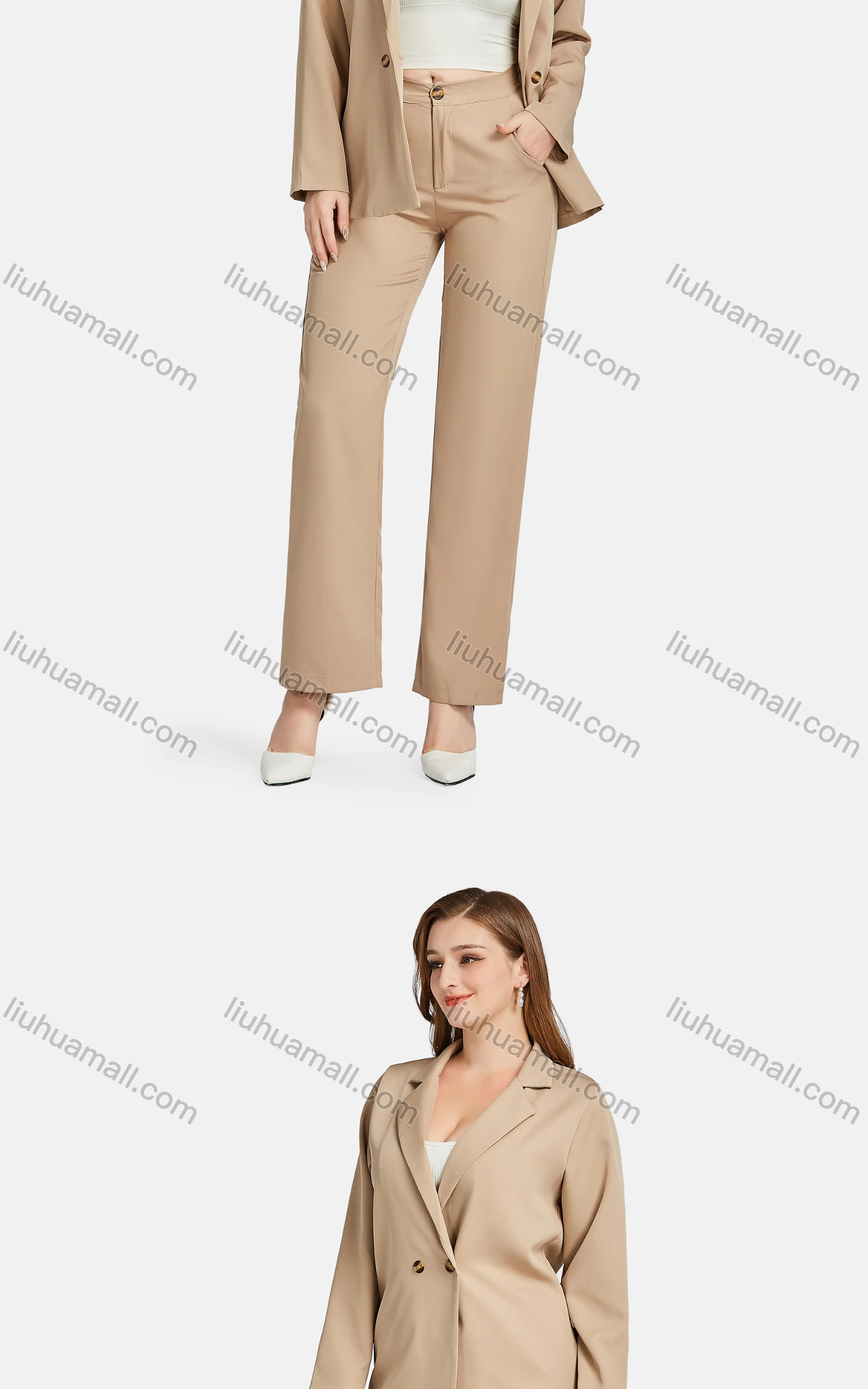 Wholesale Women's Formal Lapel Long Sleeve Plain Wrap Suit Jackets 2-piece Set - Liuhuamall