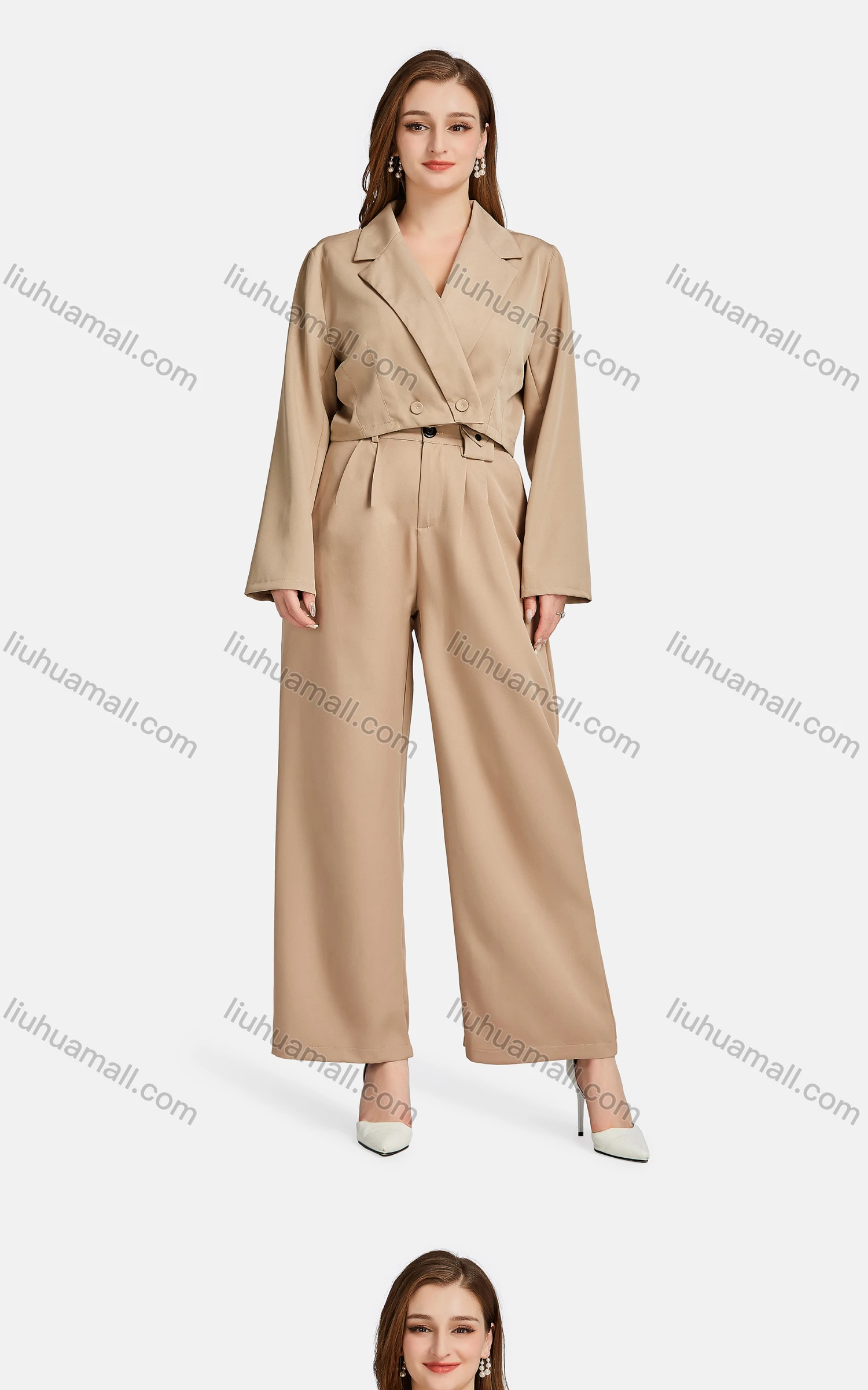 Wholesale Women's Formal Lapel Long Sleeve Plain Crop Suit Jackets 2-piece Set - Liuhuamall