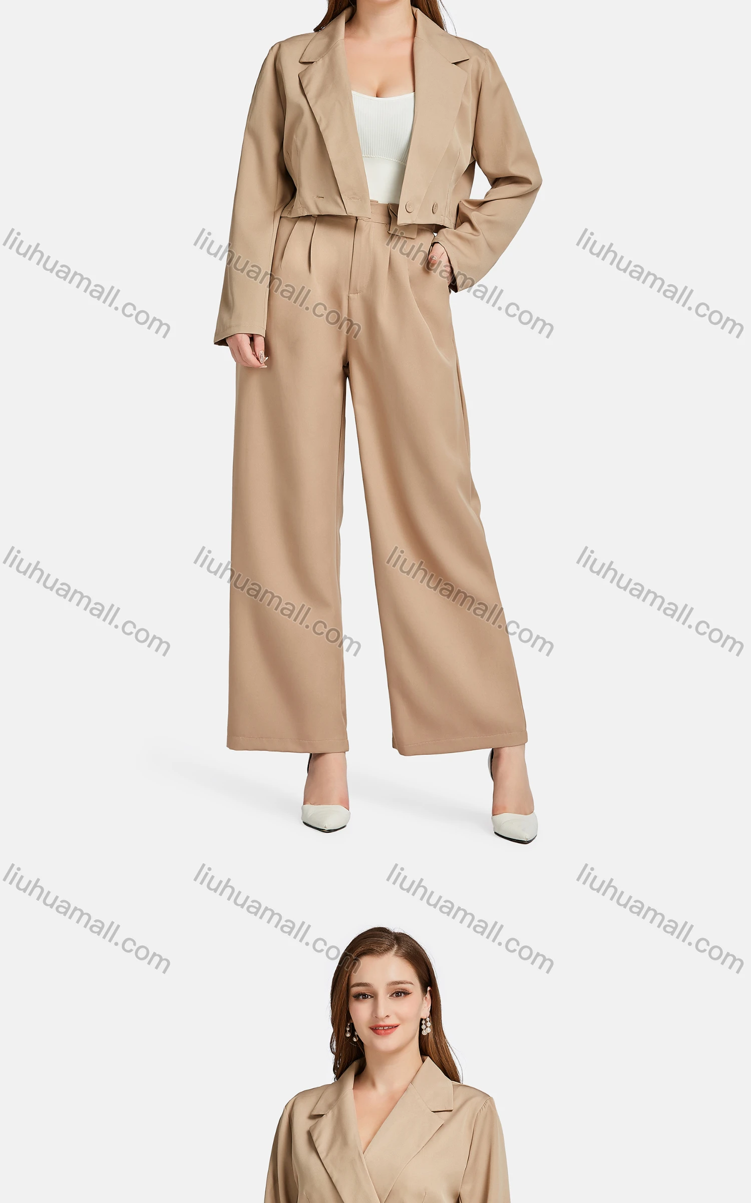 Wholesale Women's Formal Lapel Long Sleeve Plain Crop Suit Jackets 2-piece Set - Liuhuamall