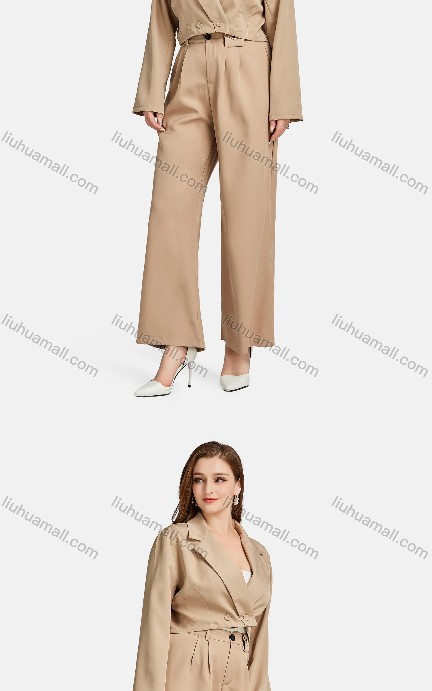 Wholesale Women's Formal Lapel Long Sleeve Plain Crop Suit Jackets 2-piece Set - Liuhuamall
