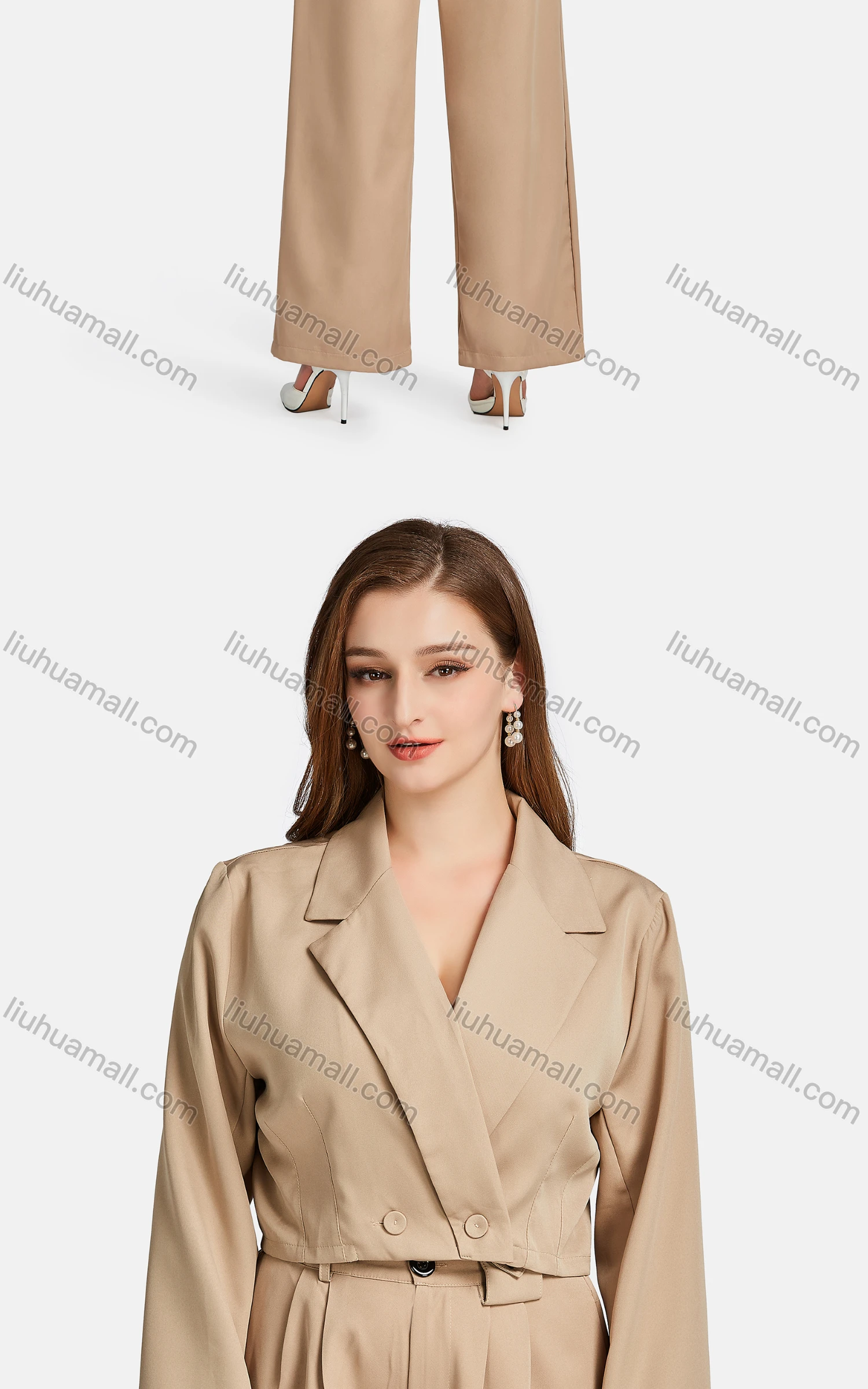 Wholesale Women's Formal Lapel Long Sleeve Plain Crop Suit Jackets 2-piece Set - Liuhuamall