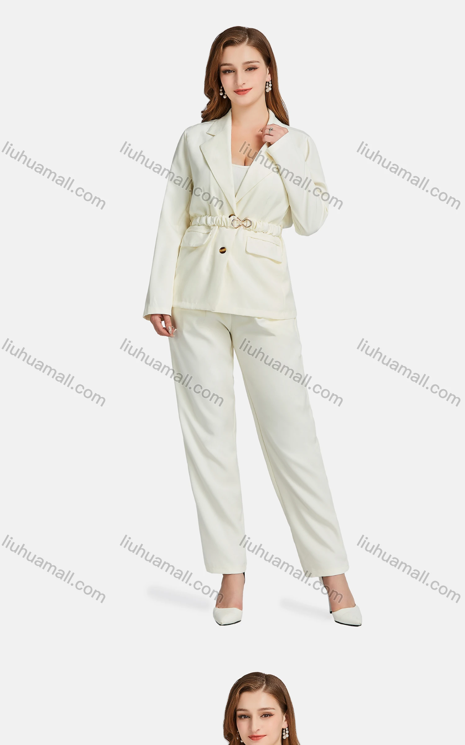 Wholesale Women's Formal Lapel Long Sleeve Single Breasted Plain Suit Jackets 2-piece Set - Liuhuamall