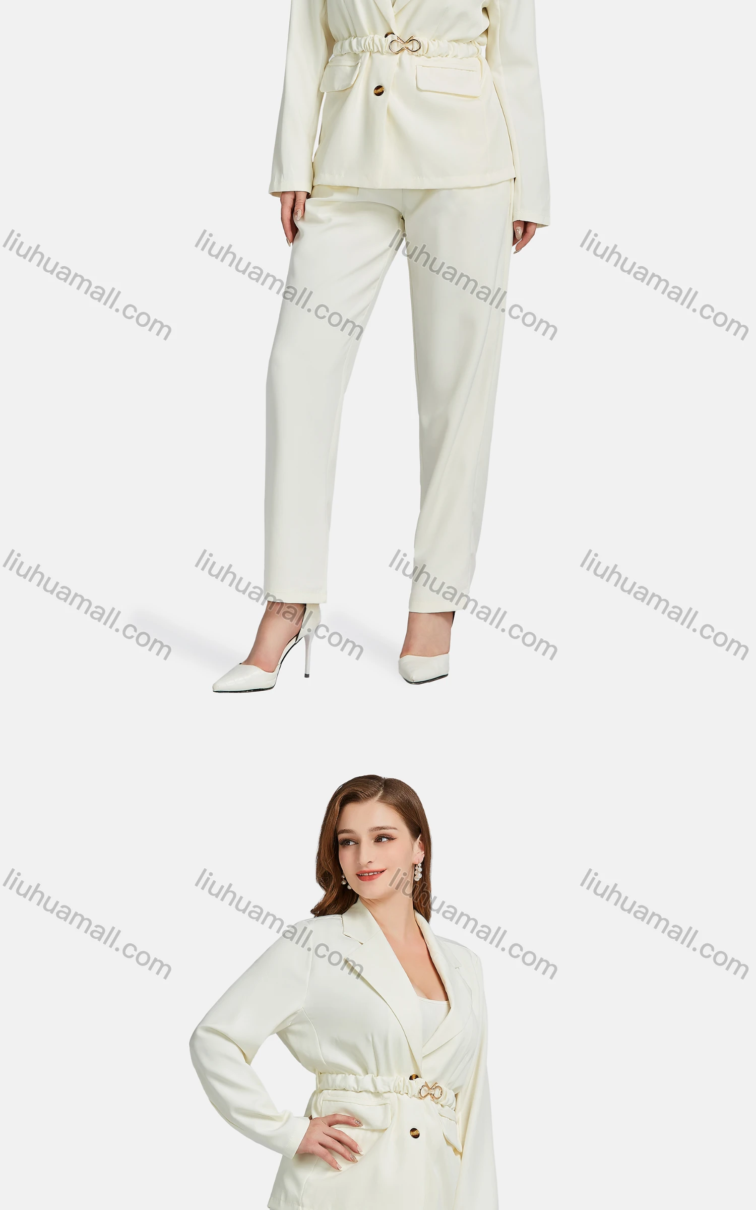 Wholesale Women's Formal Lapel Long Sleeve Single Breasted Plain Suit Jackets 2-piece Set - Liuhuamall